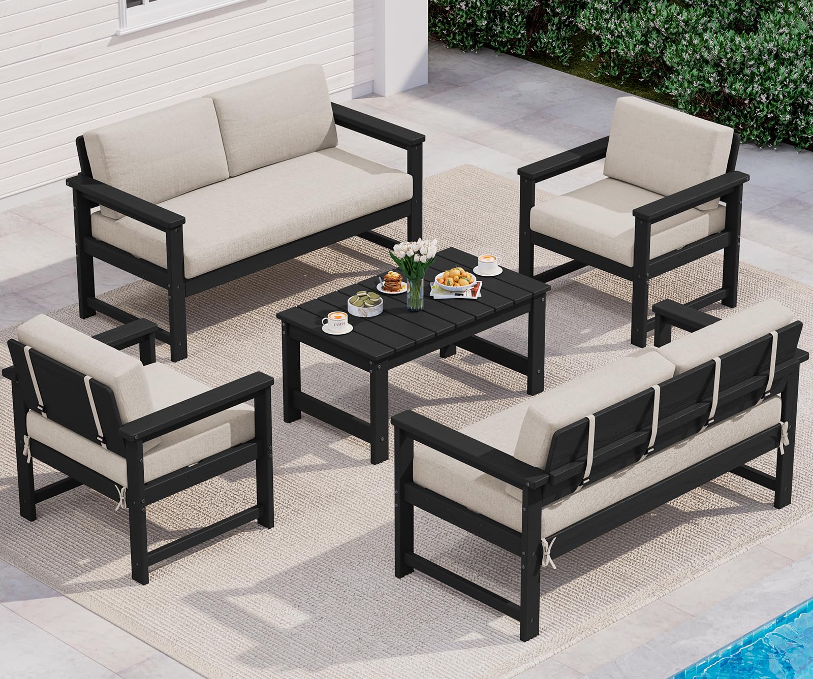 SERWALL 5 Pieces HDPE Outdoor Conversation Sofa Set with Cushion
