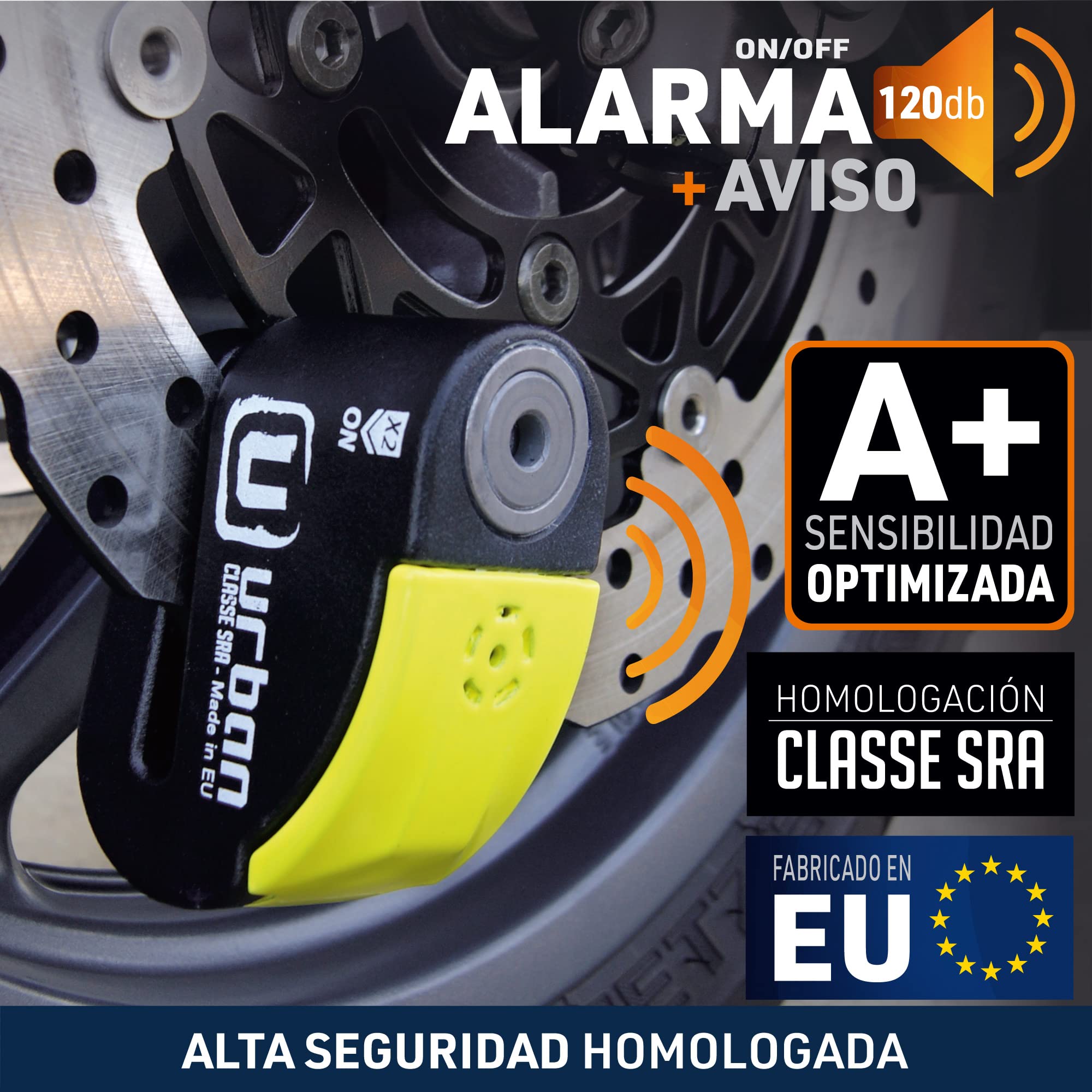 URBAN UR10 Candado Moto Homologado | Antirrobo Disco sin/con Alarma Hi-Tech Más Eficaz, 120dB, LED, Warning Inteligente, Sensibilidad A+ | Cepo Moto Pinza Freno, Doble Cierre 10mm, Acero Endurecido