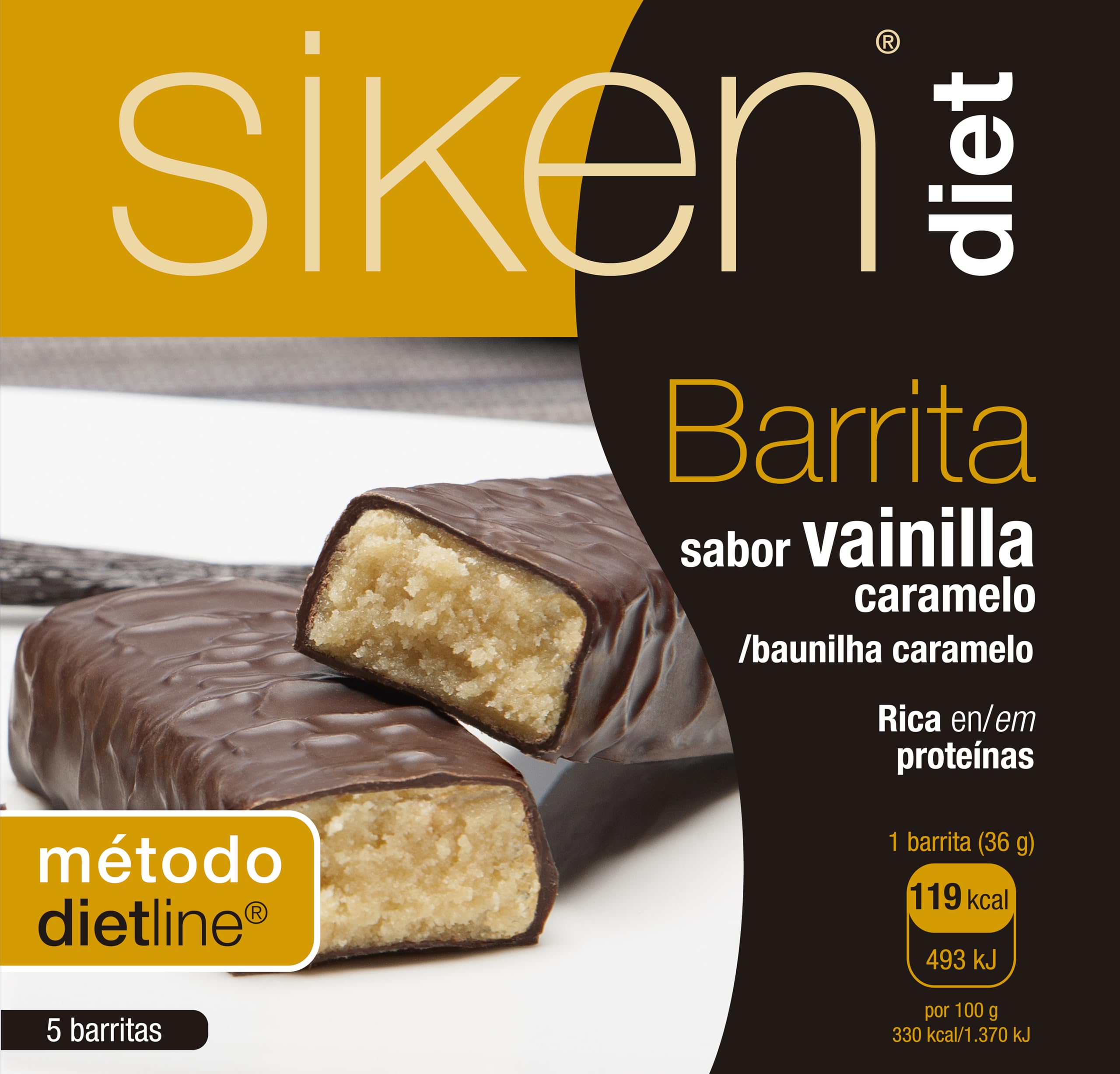 Siken Diet - Barrita Sabor Vainilla y Caramelo. Rica en Proteínas y en fibras - Estuche con 5 uds, 180 gr