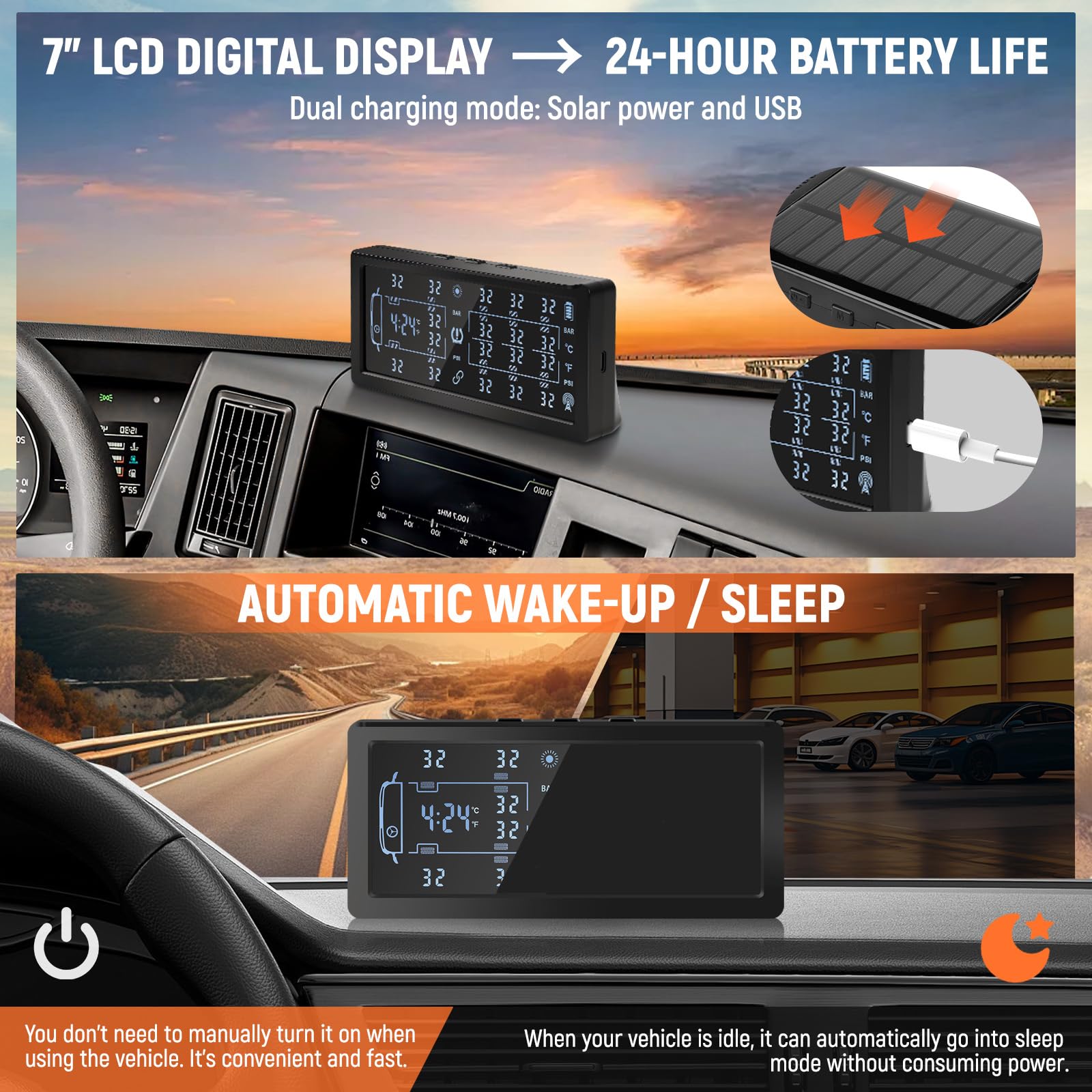 TPMS, sistema di monitoraggio della pressione degli pneumatici, ricarica solare e USB, monitor della pressione dei pneumatici con 8 sensori esterni, display LCD, avvisi vocali, converte tra 6