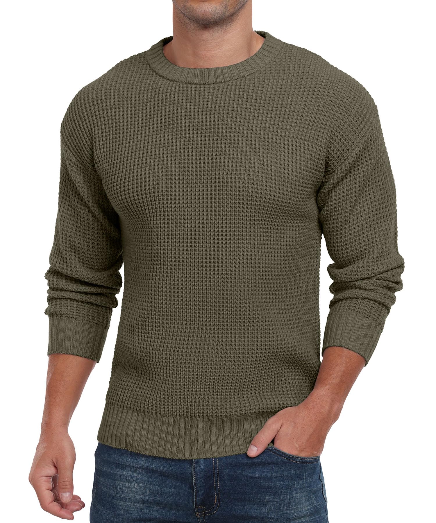 Askdeer Suéter informal de punto de manga larga con cuello redondo y textura gofre para hombre