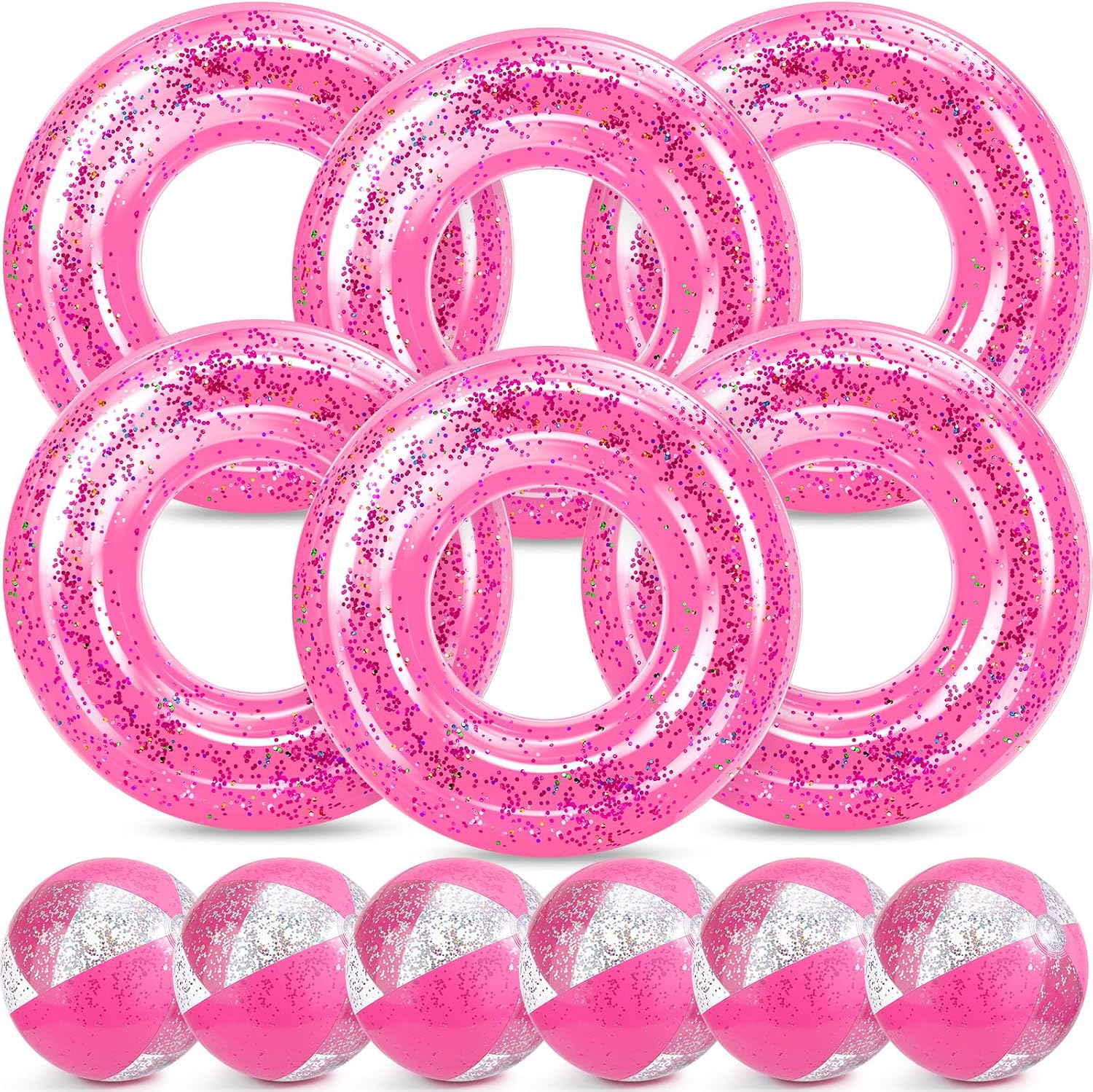 Duraaamo 12 Pcs Inflatable Swimming Float Toy Set, 33" Swimming Ring Tube & 9.8" Beach Inflatable Balls for Adults Pool Swim Floaties Summer Hawaiian Water Activity Party