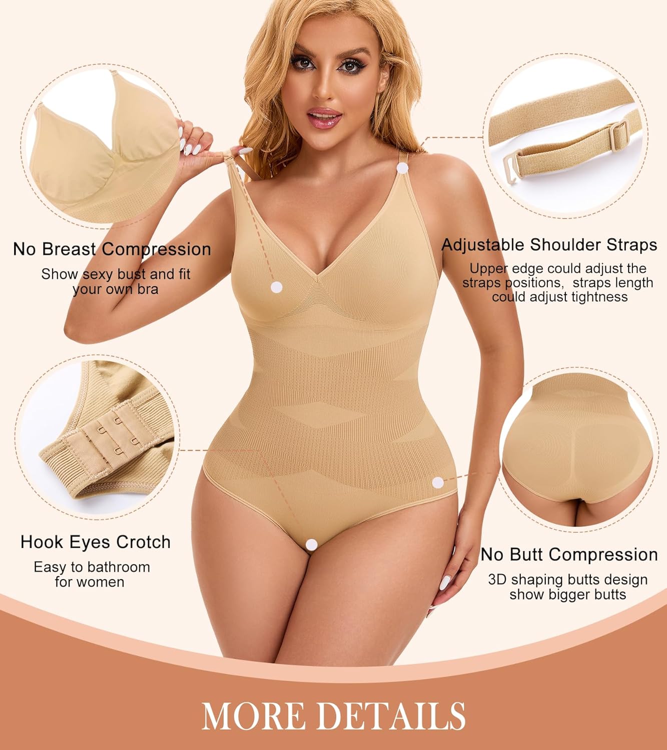 Low Back Shapewear Bodysuit for Women Tummy Control, Deep V Seamless Waist Body Suit Body Shaper - Image 4