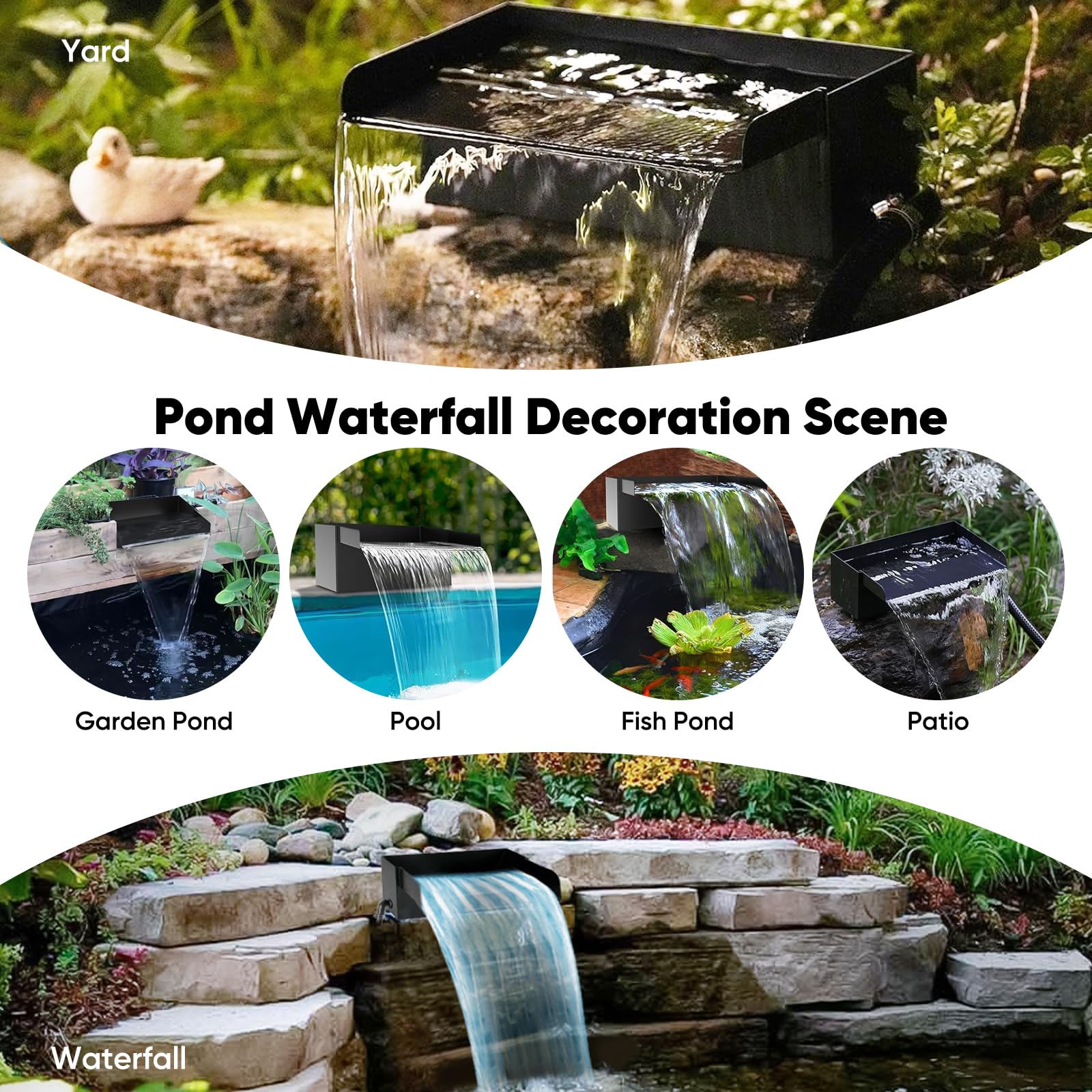 Cascada Estanque Jardin, 30CM Cascada de Estanque de Acero Inoxidable 304, Bomba Estanque con Bomba de 35W con Tubo Corrugado de 3M para Estanques, para Juego de Agua, Patio, Terraza, Pared De
