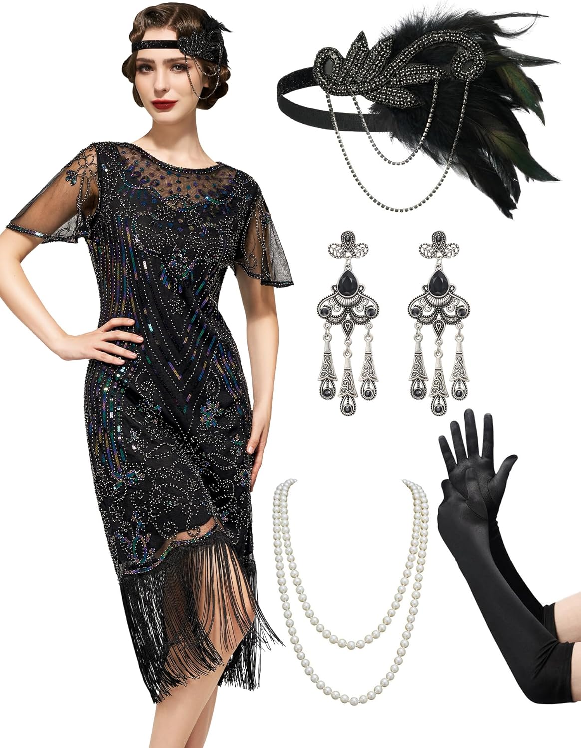 SWEETV Great Gatsby Lace Neck Flapper Dress - 1920s Dress for Women With Sleeve - Roaring 20s Costume