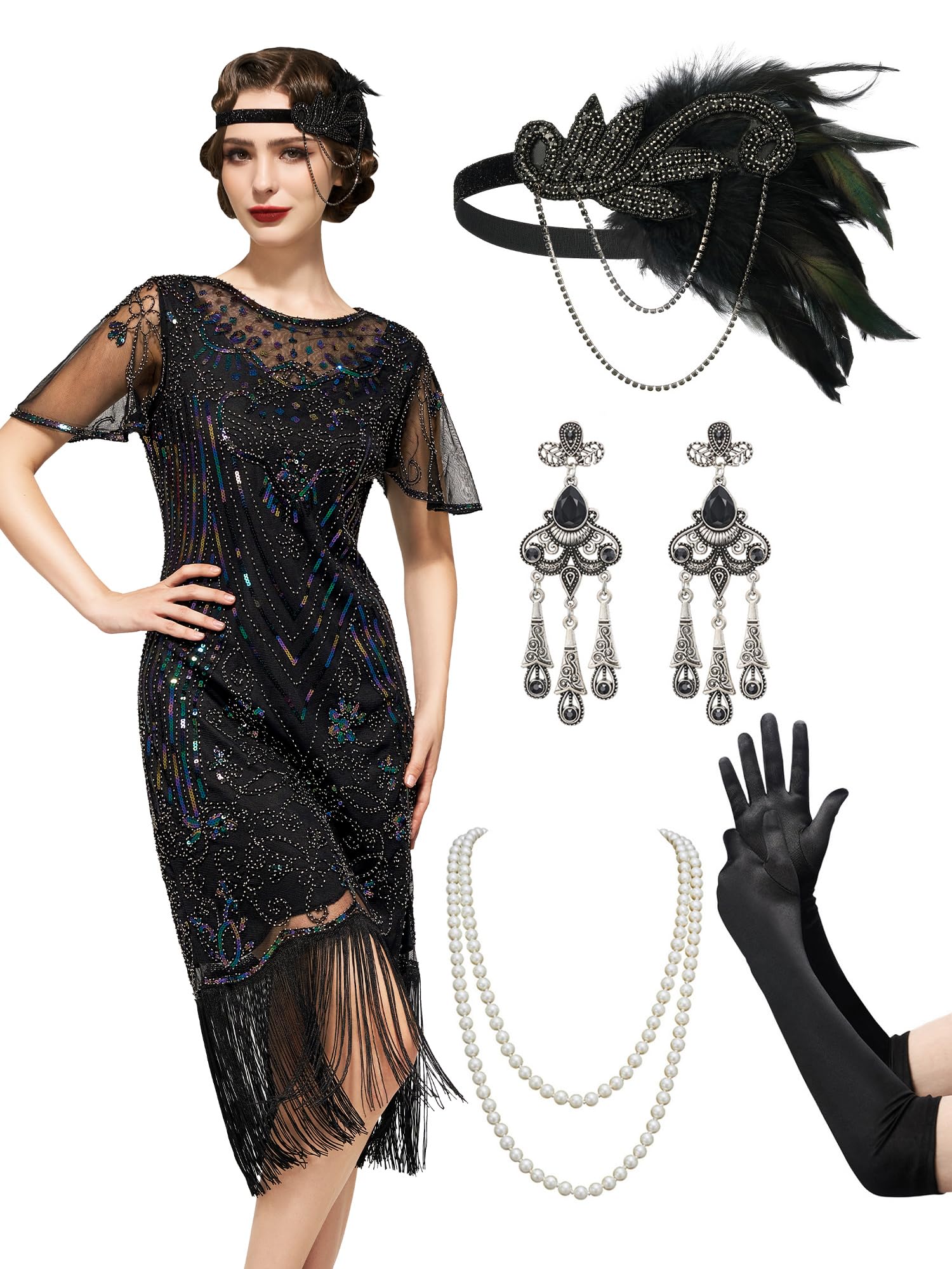 SWEETV 20er Jahre Kostüm Damen, Gatsby Kleid mit Pailletten, Perlen, Fransen und Netzstrümpfe Accessoires, Charleston Flapper Outfit Costumes,Schwarz Bunt,XXX-groß