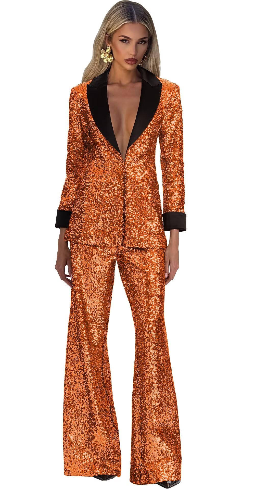 Sequin Suits for Women Regular Fit Womens Sparkly Blazer Pants Orange Womens Pants Suit for Wedding Guest Size