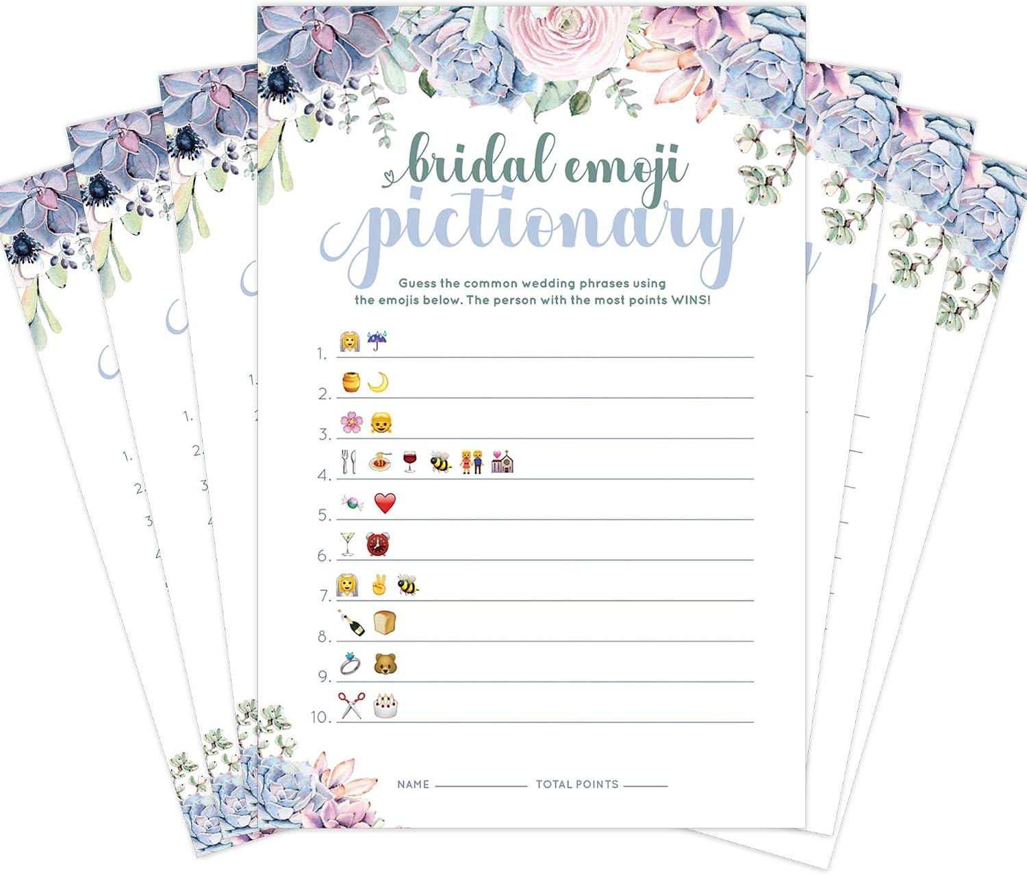 30 Pack Bridal Shower Games- Emoji Pictionary Bridal Shower Game Cards. Succulent Design matches any Floral Bridal Shower