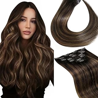 LaaVoo Clip in Hair Extensions Human Hair Dark Brown Balayage Light Brown Ombre Human Hair Extensions Clip in Dark Brown Real Hair Extensions For Women Double Weft 120g 7pcs 14 Inch