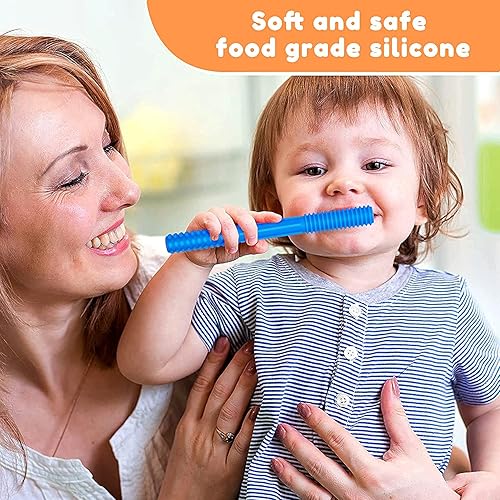 Miniatura 2 de Tubo de mordedor hueco (6.8 pulgadas de largo), paquete de 5 juguetes de dentición con pajita para niños pequeños, tubos de silicona, palos de