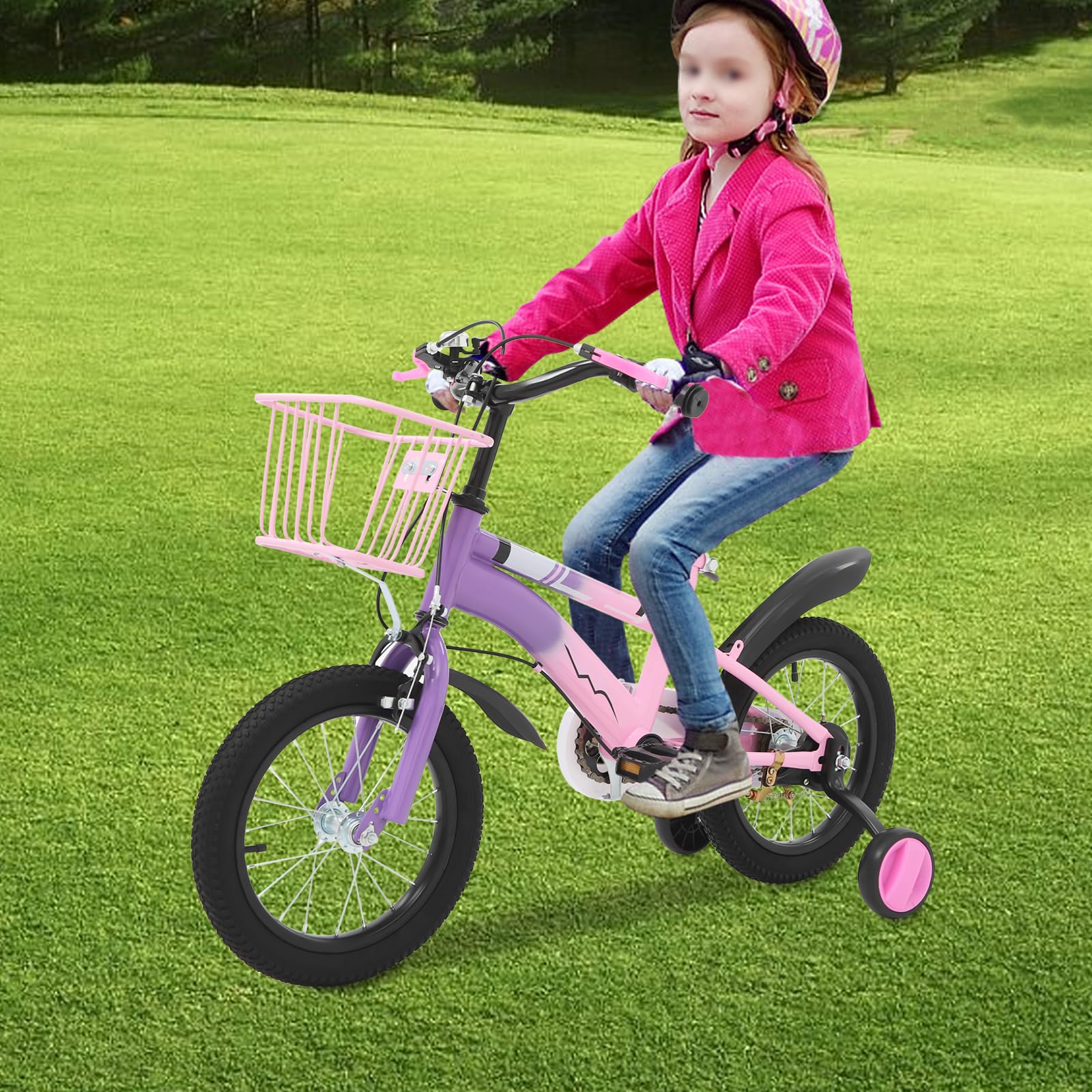 Vélo pour enfant 14 pouces avec panier, vélo pour enfants âgés de 3 à 6 ans avec roues stabilisatrices, vélo 14 pouces pour garçons et filles, hauteur réglable, double système de freinage