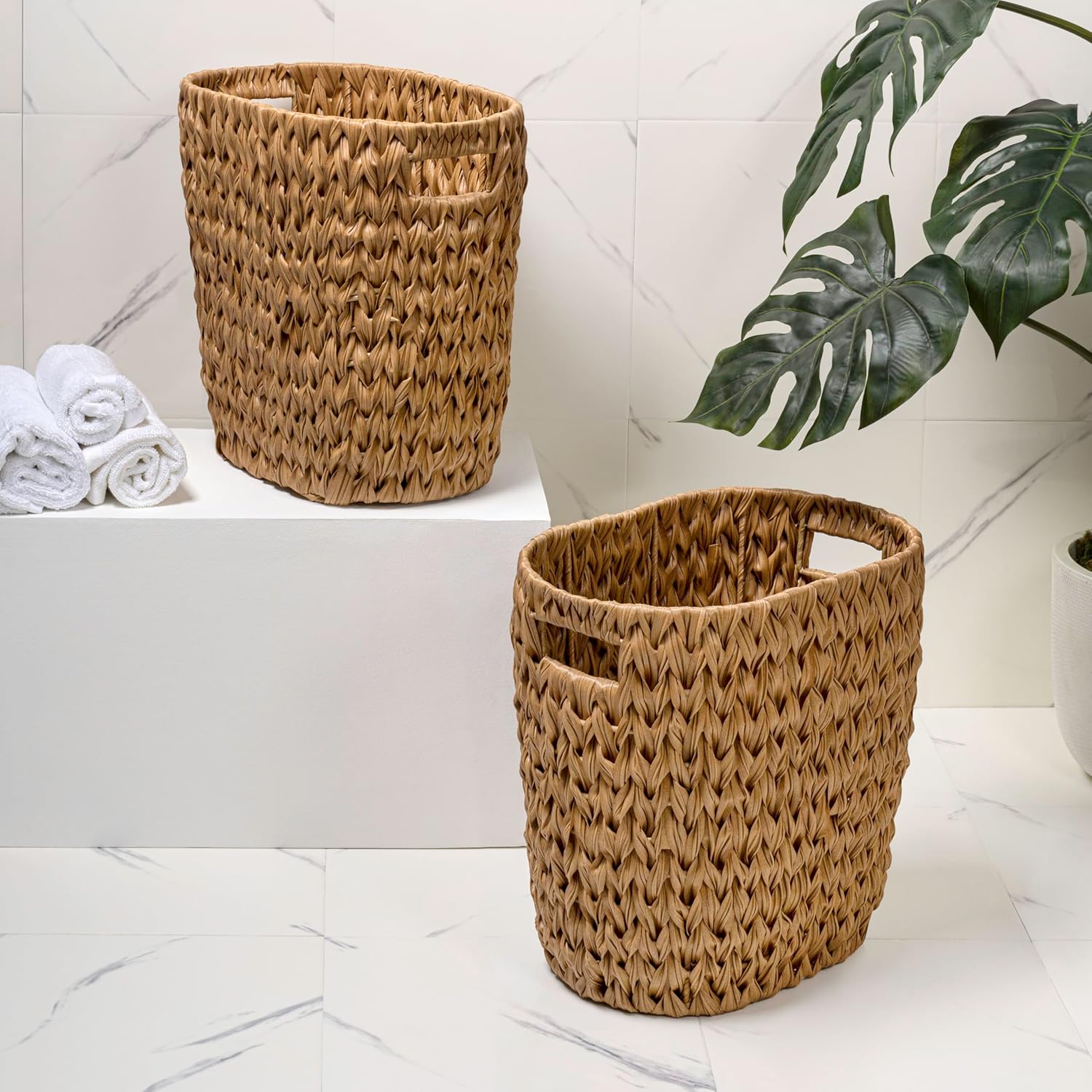 happimess HPM1407A-SET2 Maple Contemporary Farmhouse Resin 4.5-Gallon Tapered Oval Wicker Watebasket with Handles, Natural (Set of 2)