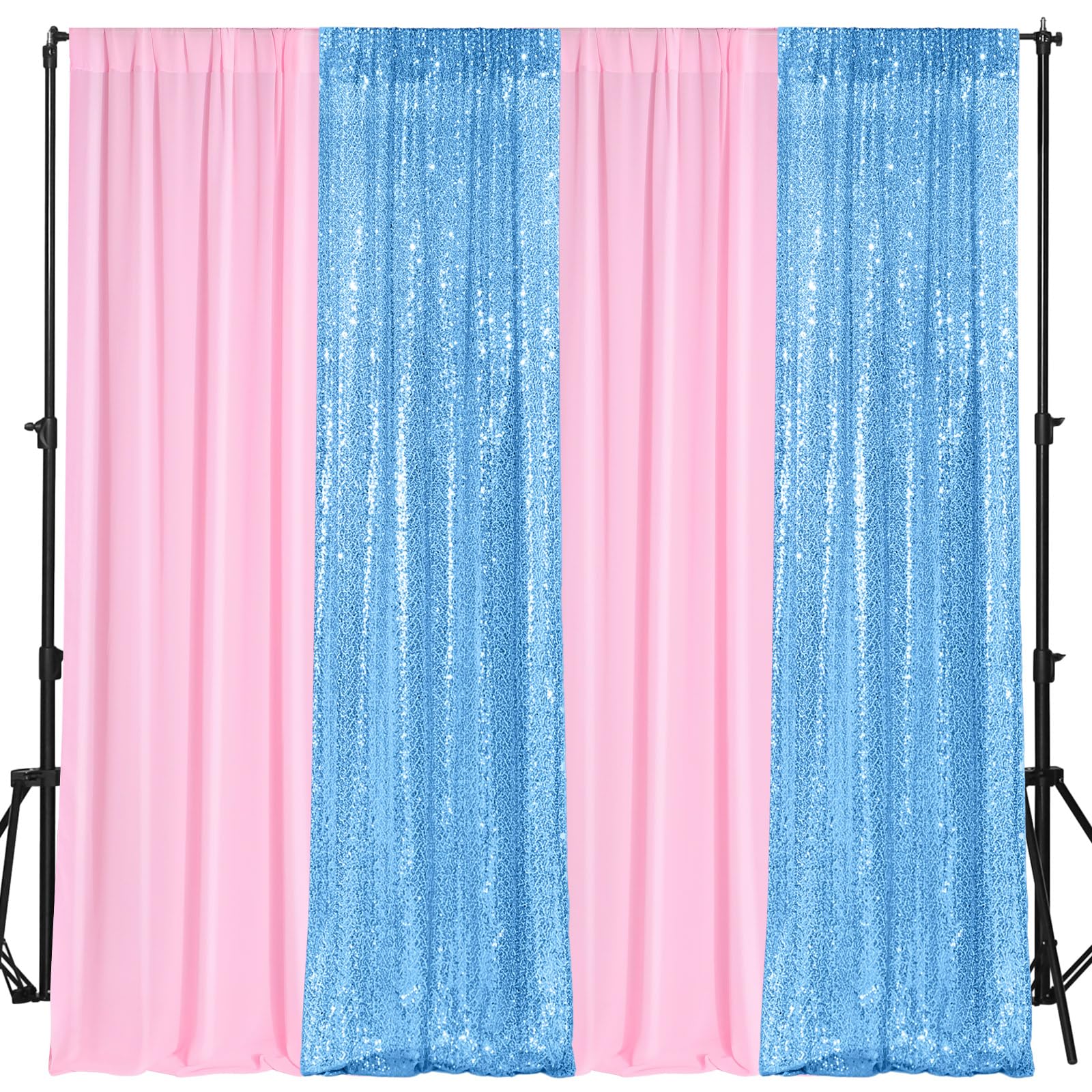 VitalCozy 4 Panels Backdrop Curtains 2 Pcs 4 x 10 ft Sequin Glitter 2 Pcs 7 x 10 ft Chiffon Photo Background Curtains for Valentine's Day Wedding