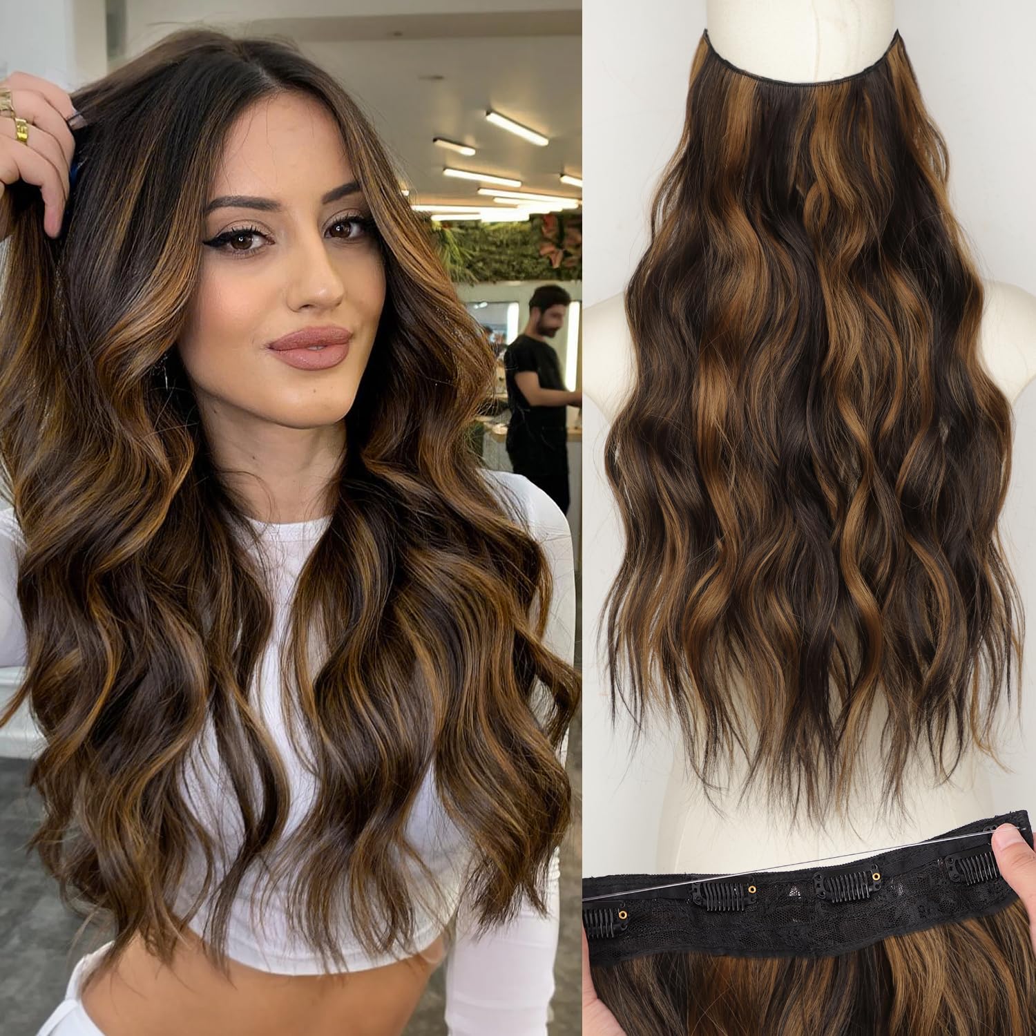 KooKaStyle Invisible Wire Hair Extensions with Transparent Headband Adjustable Size 4 Secure Clips Long Wavy Highlight Hairpiece 20 Inch H2/426alayage Dark Brown to Chestnut for Women