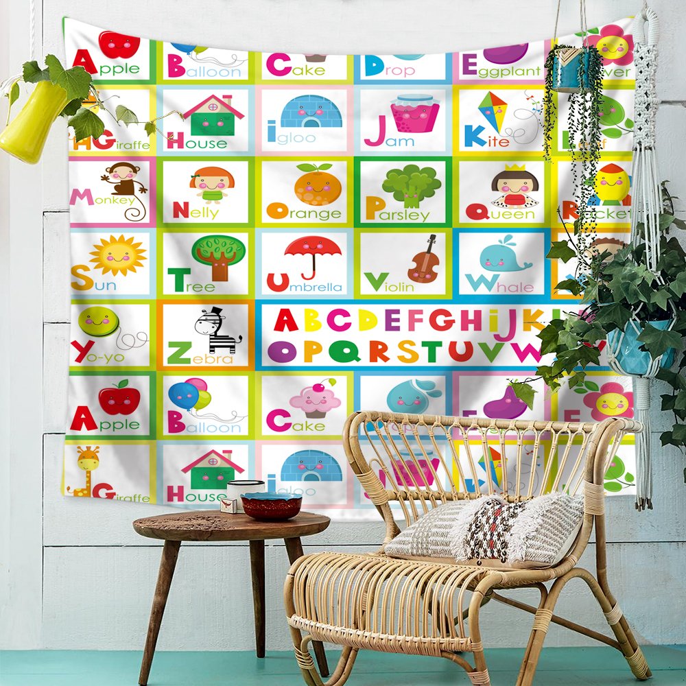HMWR Kids Teens Tapestry Wall Hanging Funny Educational Alphabet Letters Tapestry Collage Dorm Beach Throw Wall Decor 60 X 90 Inches,Colorful