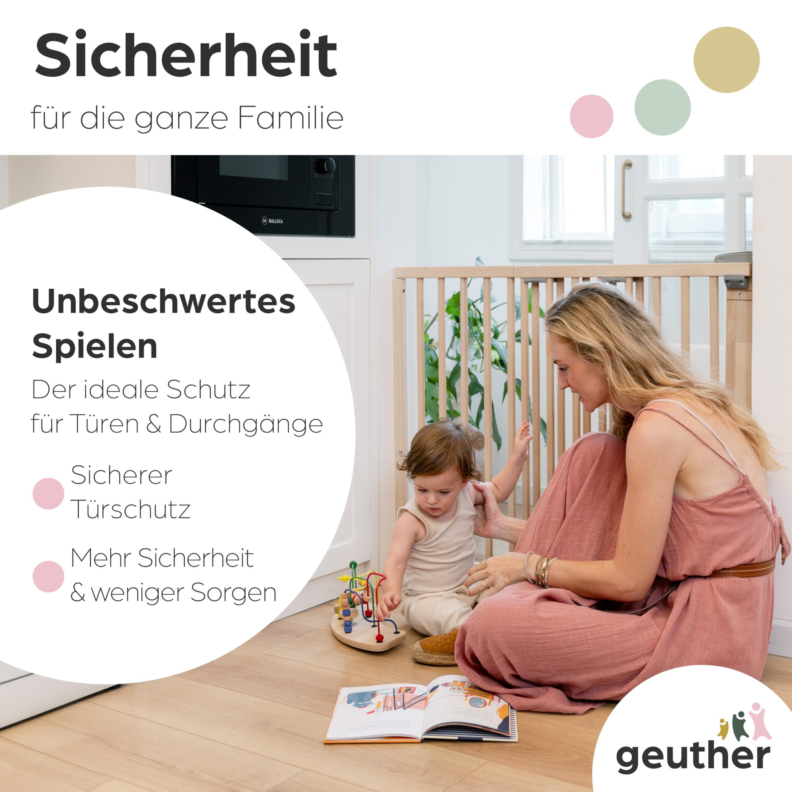 Geuther Türschutzgitter Oris | Treppenschutzgitter zum Anschrauben, Breite 58-93 cm | Stabiles Babygitter & Türgitter mit Schwenktür, sicherheitsgeprüft | Kindergitter Holz, Natur lackiert