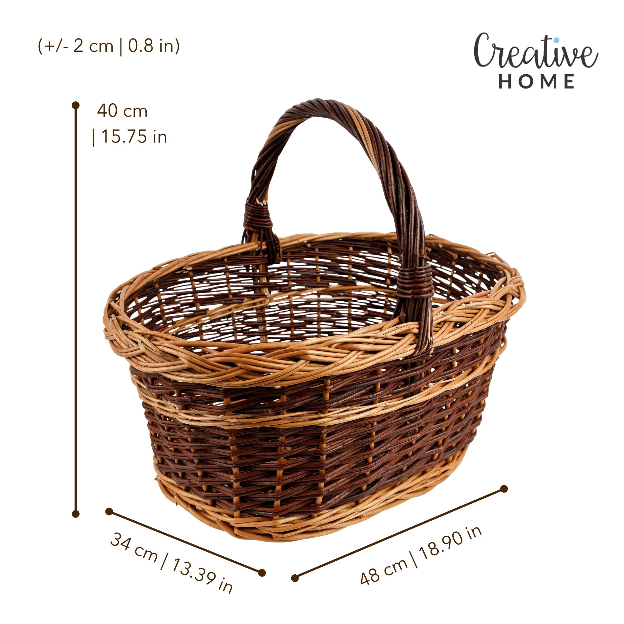 Creative Home Kosz Wiklinowy z Uchwytem 48x34x40cm (+/-2cm) | Lekki | Dwukolorowy | Ręcznie Wyplatany | Kosz Prezentowy, Piknikowy na Owoce