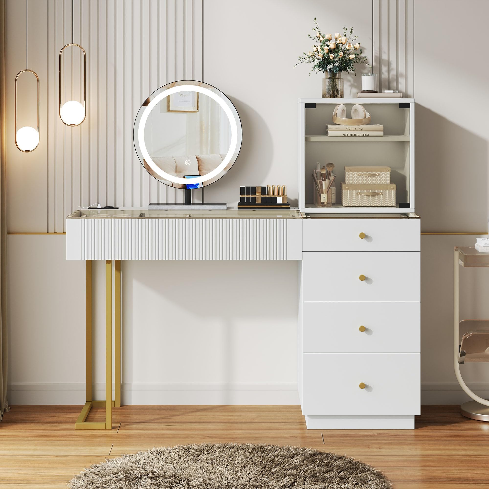 Kebnor Schminktisch-Set mit LED-Beleuchtungsspiegel, klarer gehärteter Glasplatte, 5 Schubladen und 1 Schrank; weiß, Maße: B120 x T40 x H120 cm