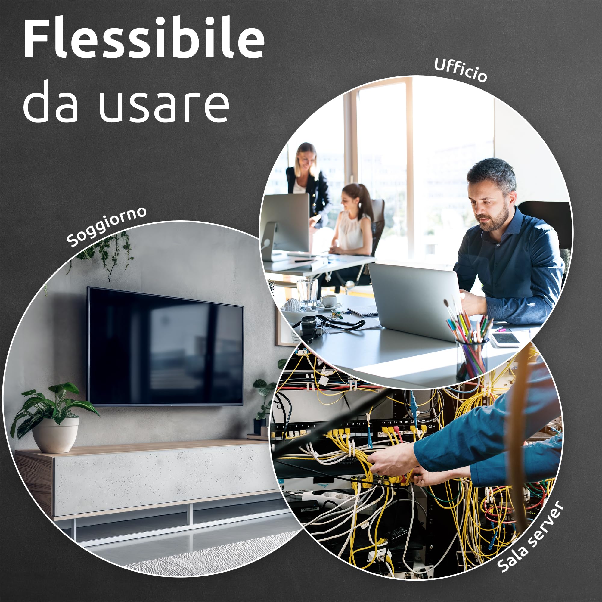 ECENCE 3 Metri Guaina Cavi - chiusura automatica (13-20mm) - Nascondi Cavi Nero - Canalina Passacavi Tagliabile per PC, Scrivania, Ufficio - cable management