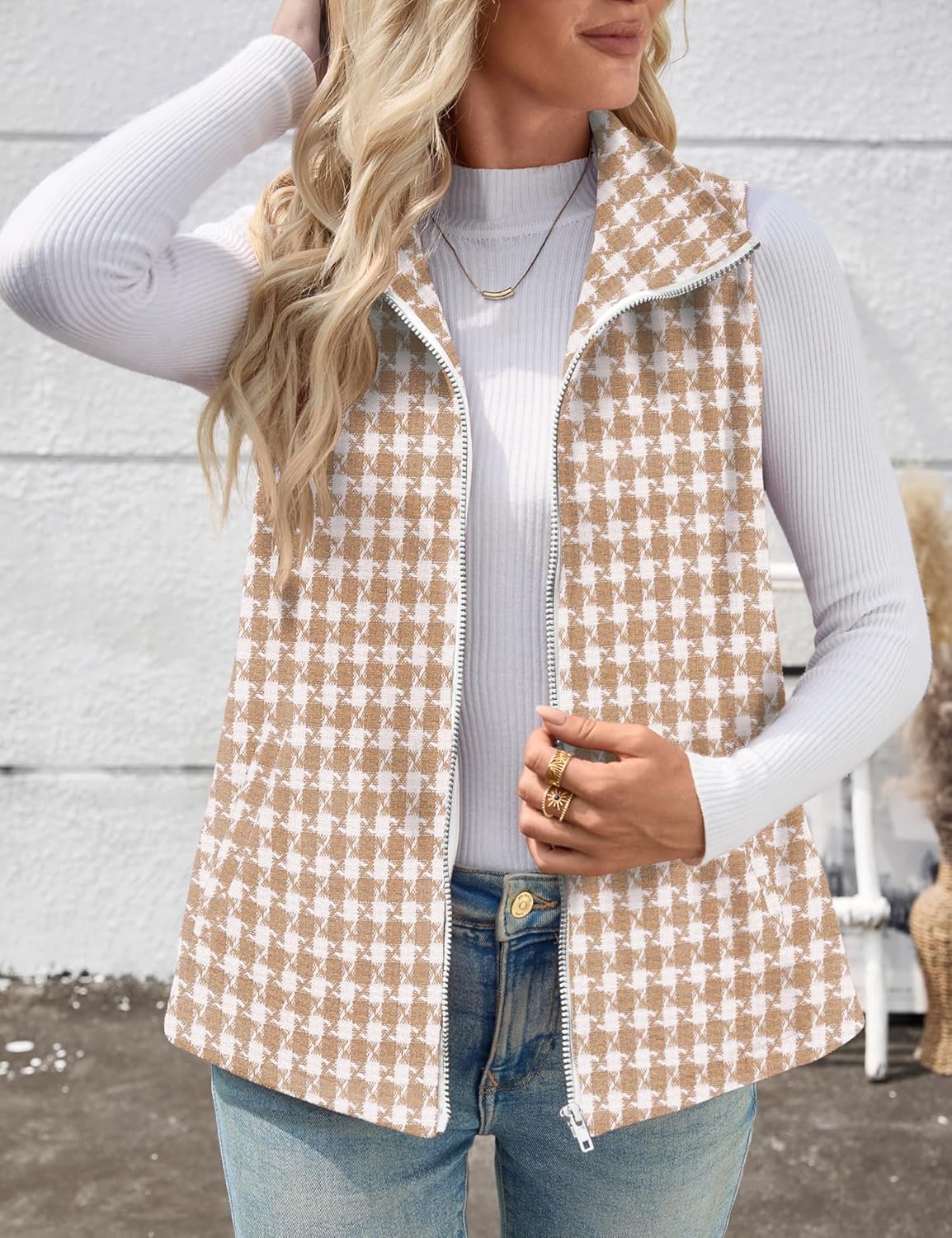 Rapbin Women's Plaid Outerwear Vests Tops Zip Up Collared Sleeveless Jacket with Pockects - Image 6