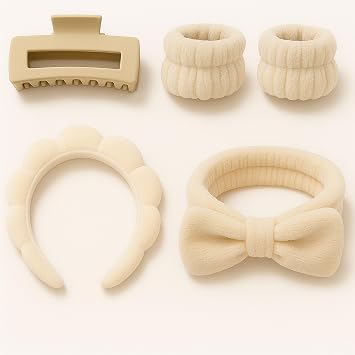 5-Piece Spa Gift Set Beige Facial Headband, Hair Clip & Wristbands, One-Size Skincare Accessories for Makeup, Face Washing & Self-Care