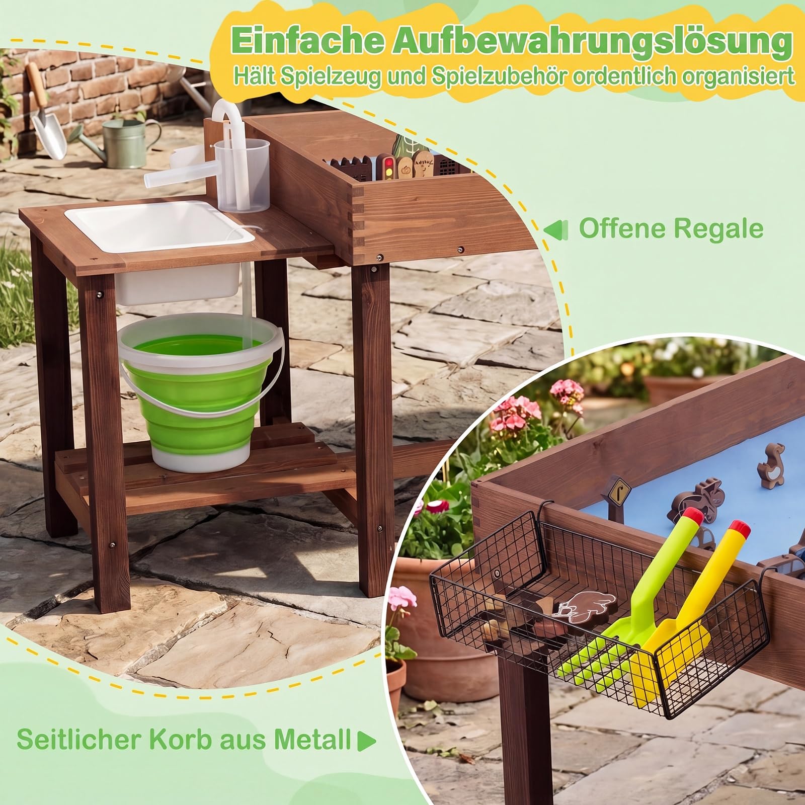 COSTWAY Outdoor Matschküche für Kinder, Wasserspieltisch mit Korb & Ablage | Sandkasten mit Wasserpumpe, Eimer, Zubehör & Sandschaufeln, Holz Sandbox für Kinder ab 3 Jahren, für Garten & Terrasse
