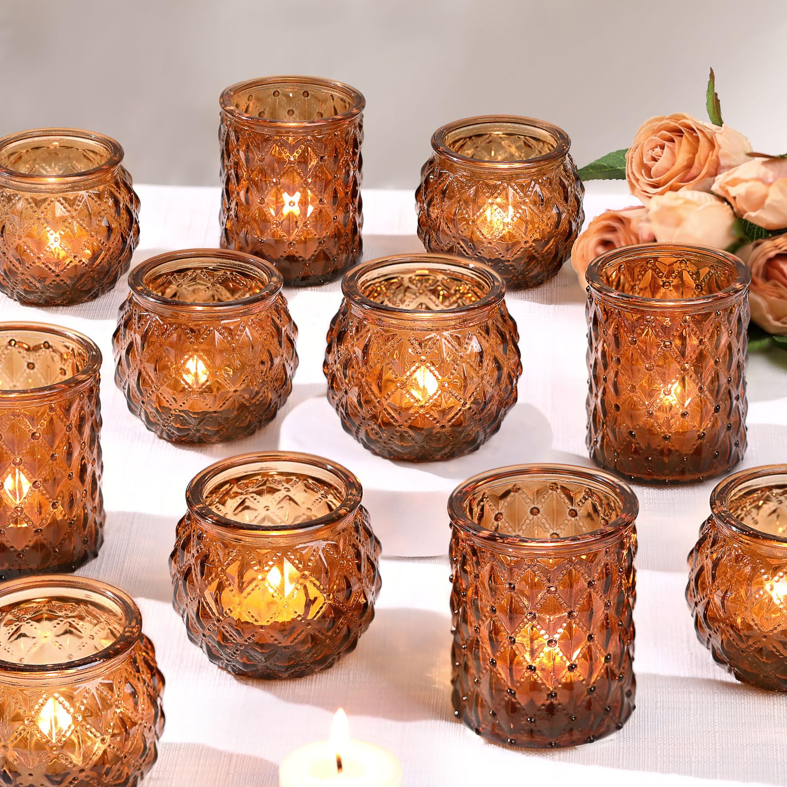 DARJEN Amber Votive Candle Holders Set of 24- Round Candle Holders Bulk, Glass Candle Holder for Vintage Decoration, Tea Lights Candle Holders for Wedding Home Party & Gift