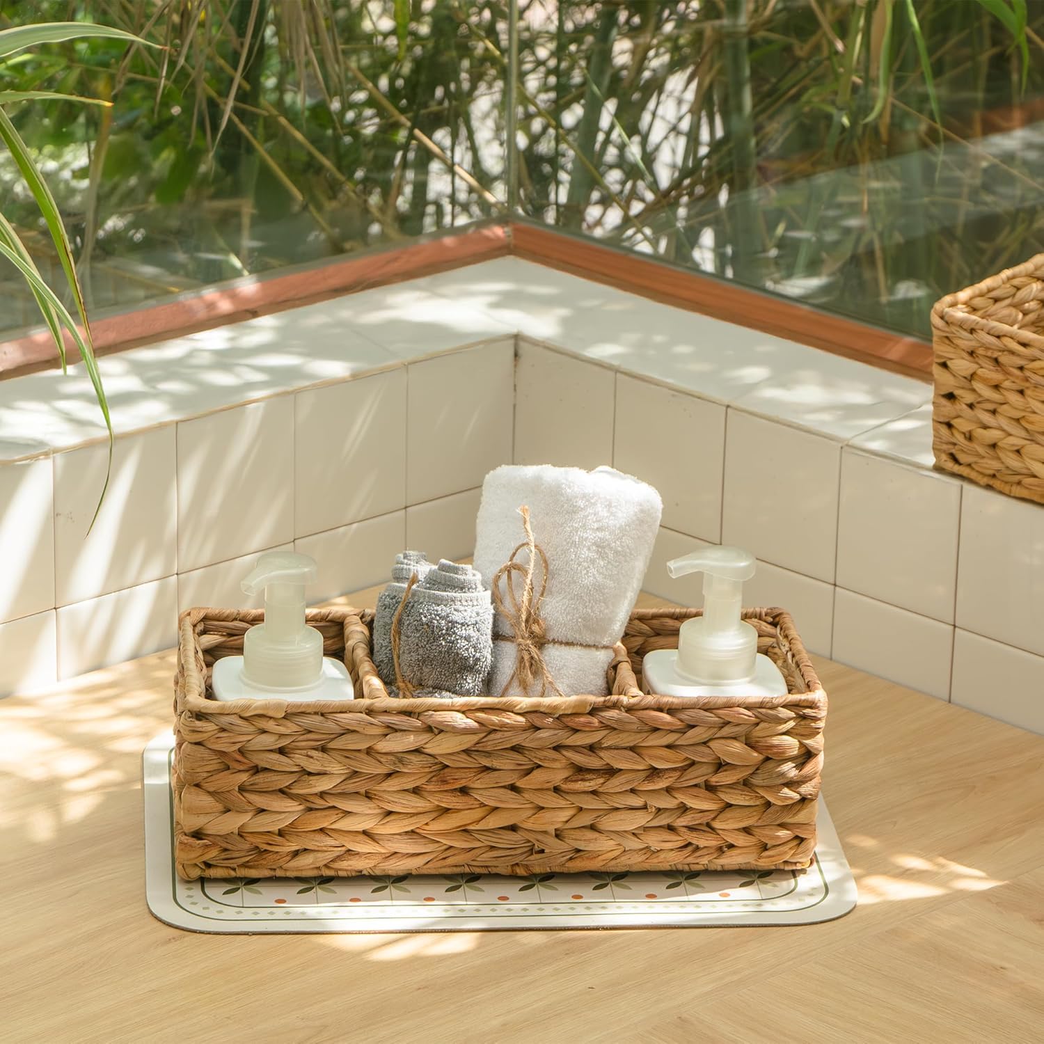 KOKODO Pack of 2 Water Hyacinth Tank Topper Storage Baskets 3 sections Woven Wicker Basket for Toilet Paper Holder, Baskets for Vanity, Bathroom, Pantry Organizing, or Coffee Table Decor