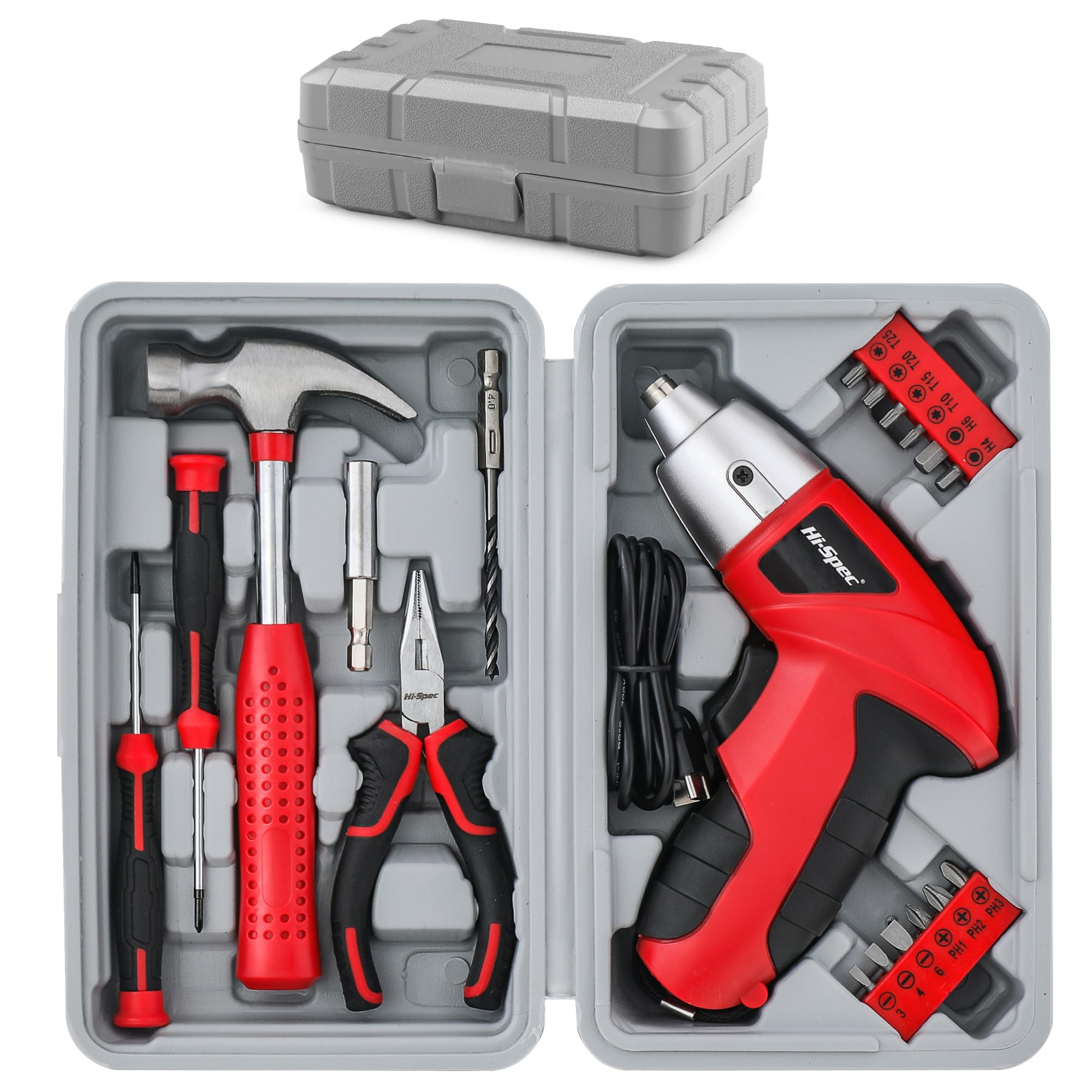 Hi-Spec 3.6V USB Small Power Screwdriver & Home DIY Tool Kit with Case, Red | 19pc, fast assembly help, common screw bit selection, LED visibility, compact grip, quick household fixes, organized storage