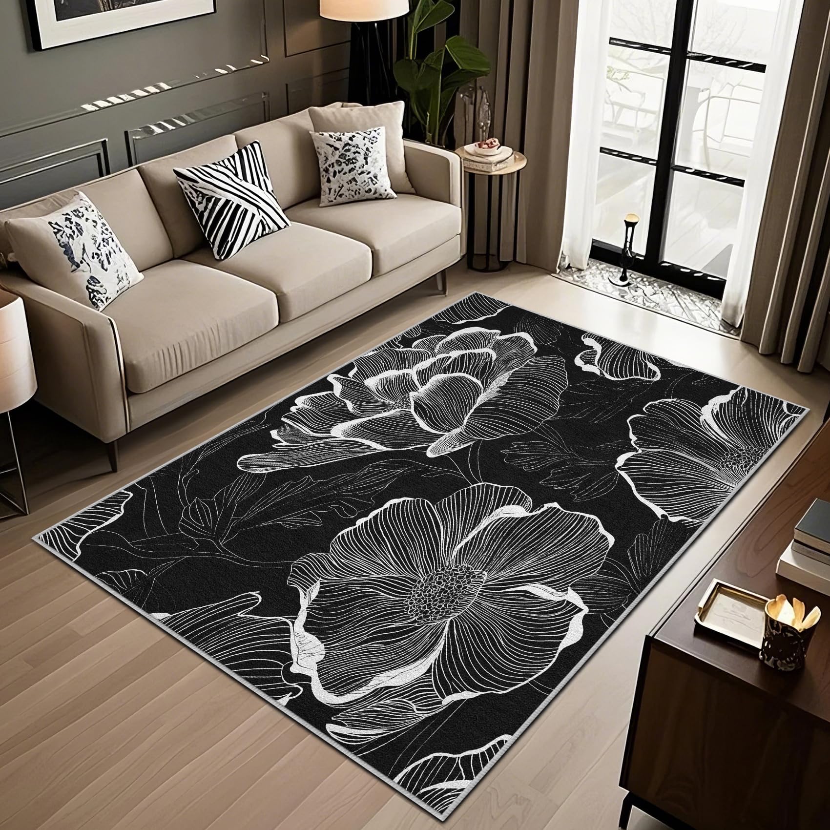 Tapis salon 240x340 botanique blanche à poils courts grand format pour cuisine et chambre