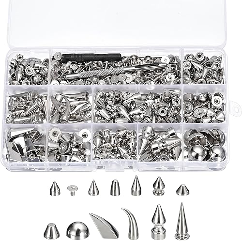 uxcell 270 juegos de tachuelas y picos de forma mixta, 13 tamaños de clavos de cono remaches de cuero con herramientas de instalación para cuero,
