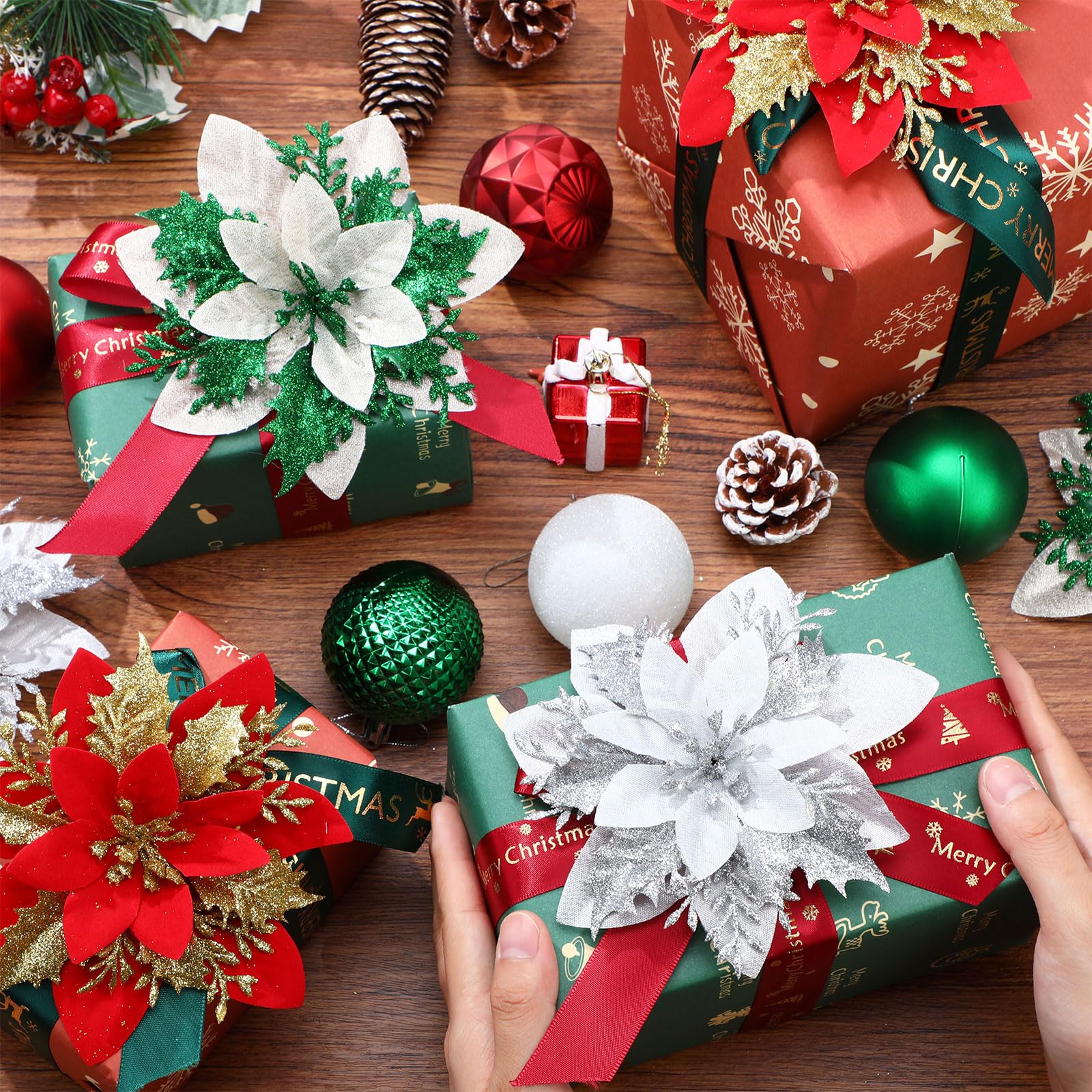 Künstliche Weihnachtssterne, Weihnachtsstern, Weihnachtsbaumschmuck, Glitzer, Weihnachtssterne, Blumen mit Clips, Stiele, Beerenspieße, Kugel, hängende Weihnachtskugeln für
