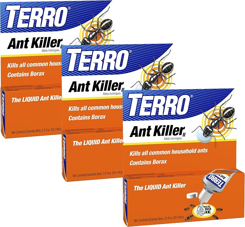 TERRO Liquid Ant Killer Paquete de 3 cebos para hormigas de interior con bórax - Mata hormigas domésticas comunes, incluidas hormigas fantasma, azucareras y negras - Control de plagas de acción rápida, T200-3SR