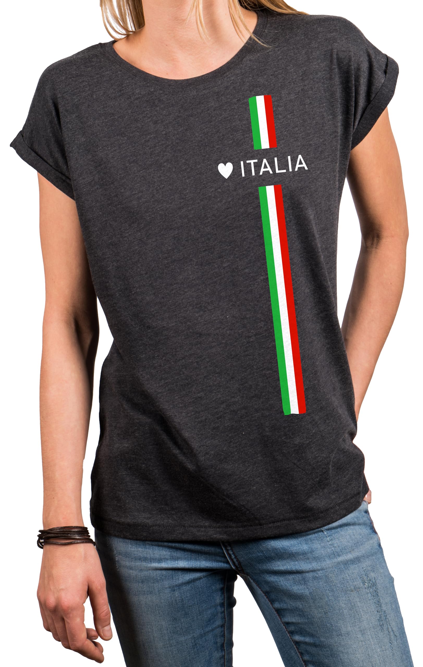 Makaya Women's Grey Italian T-Shirts Statement Top Love Italia Flag Graphic Tee Crew Neck Short Sleeve Girls S