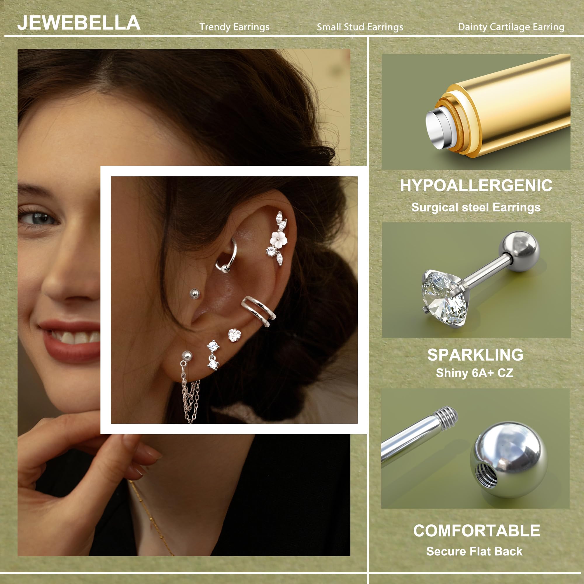 HMJGDHX 20 sztuk stal chirurgiczna Helix Piercing biżuteria hipoalergiczna śruba kolczyki z płaskim tyłem zestaw Tragus Hoop muszla Daith Piercing biżuteria klip srebrne złote kolczyki na chrząstkę