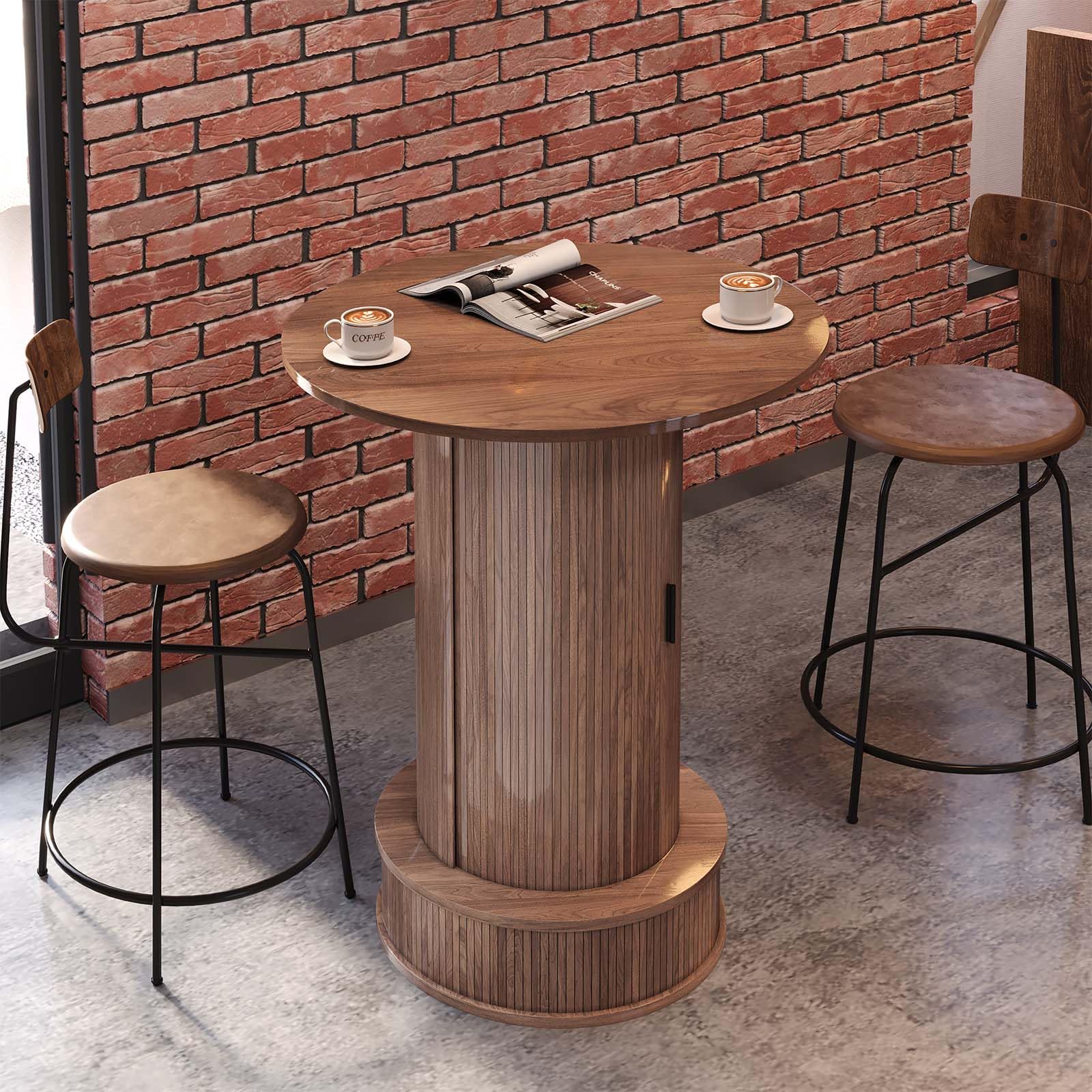 Runder Bartisch mit zweistufigem, verstecktem Stauraum und Weinglasablage, 97 cm hoch, rustikaler Cocktailtisch/Stehtisch mit Fußstütze und Schiebetür für Bars, Esszimmer, Wohnzimmer
