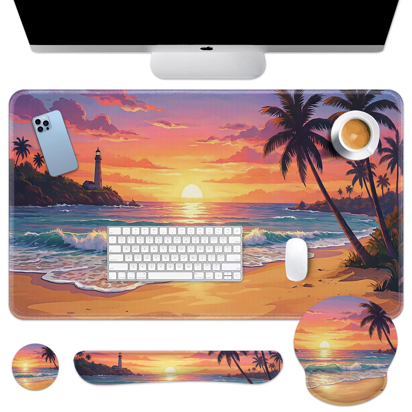 Britimes Beach Sunset Keyboard Mouse Pad Set Tropical Coastal 4in1 Large Mousepad Keyboard Wrist Rest Mouse Wrist Rest