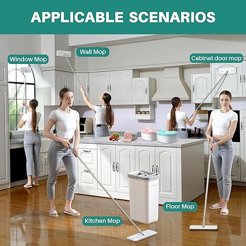 Miniatura 5 de JOYMOOP Sistema de trapeador plano y cubo de microfibra, trapeadores para limpieza de suelos y limpiador de paredes, madera dura, azulejos,
