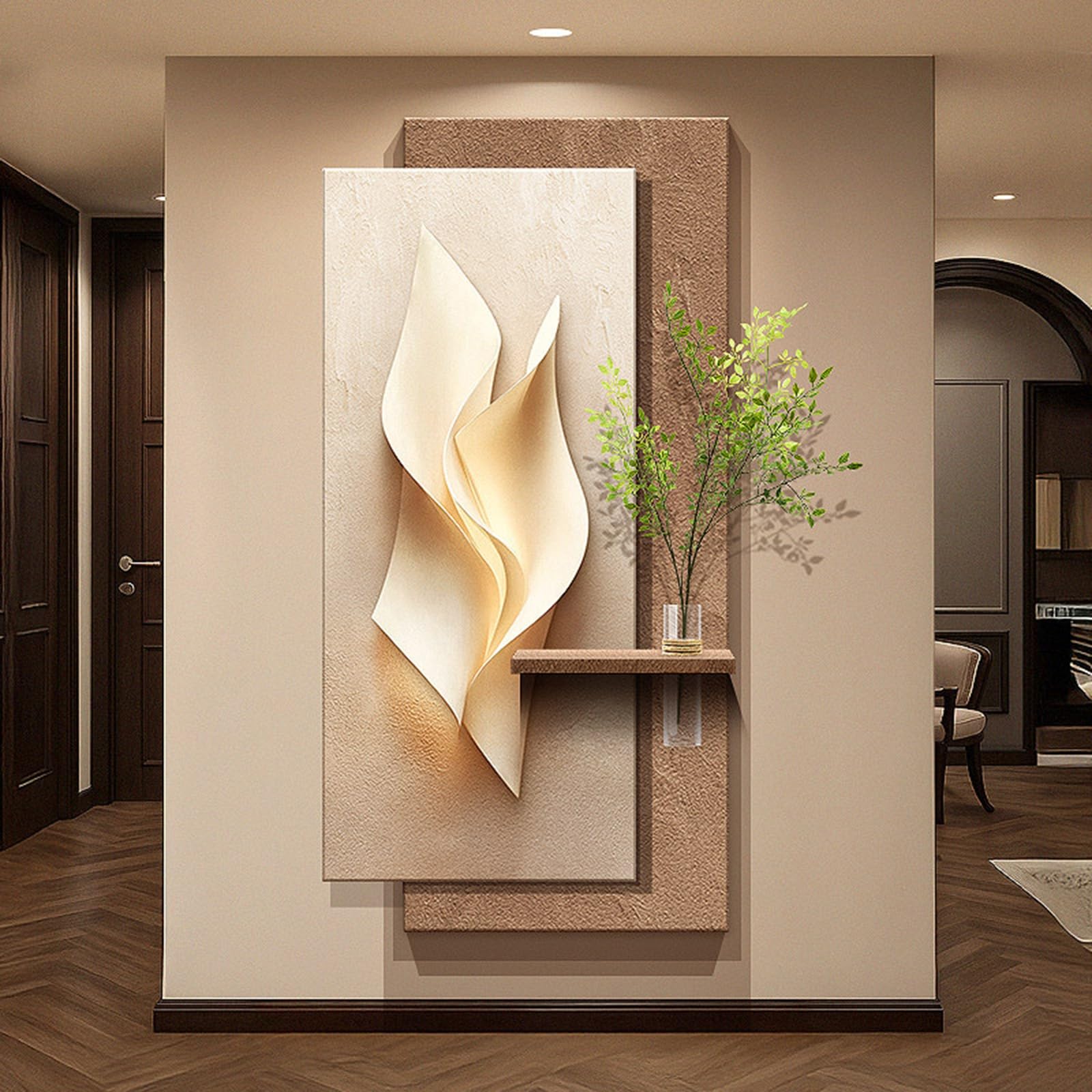 TgrGiEDenLO 3D LED Wall Art with Vase Entryway, Sandstone Relief Decor, Abstract Geometric Decor for Living Room, Bedroom & Hallway(B,50x100cm/19.7x39.4in)