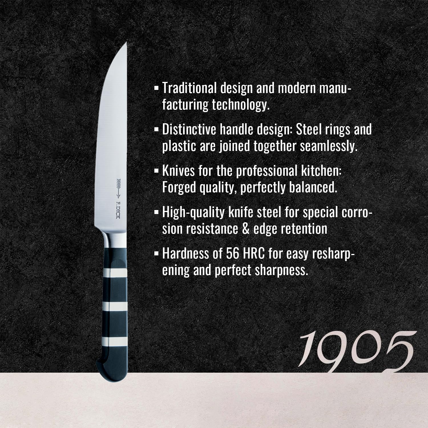 Dick Serie 1905 - Cuchillo de carne (hoja lisa, 12 cm, mango negro)