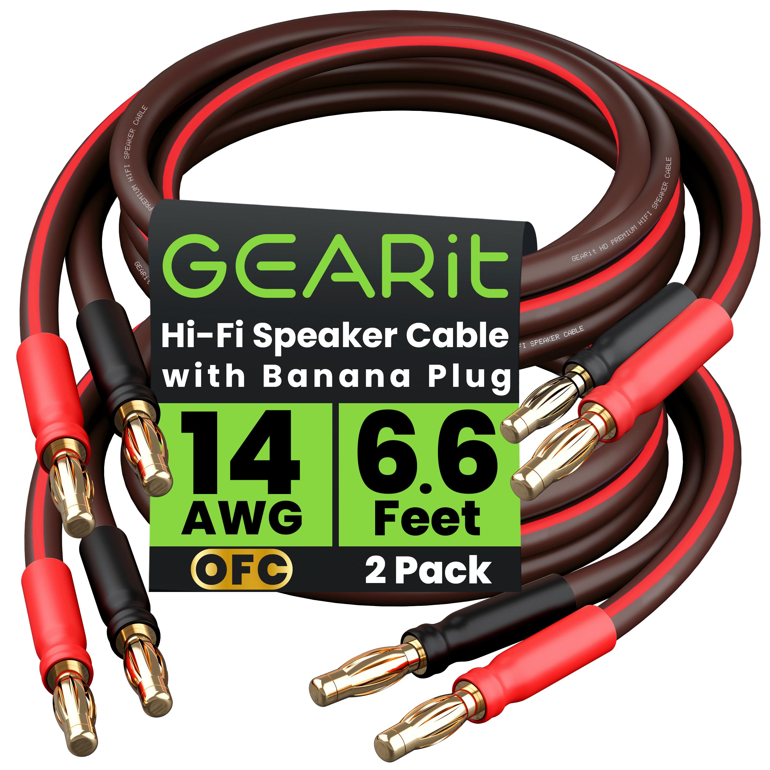 GEARit 2x2.5mm² Speaker Cable with Banana Plugs 3 Meter 2-Pack OFC Speaker Wire, 14AWG Gauge Banana Wire for HiFi, Bi-Wire, Bi-Amp & Surround Sound, Gold Plated Tips, Black
