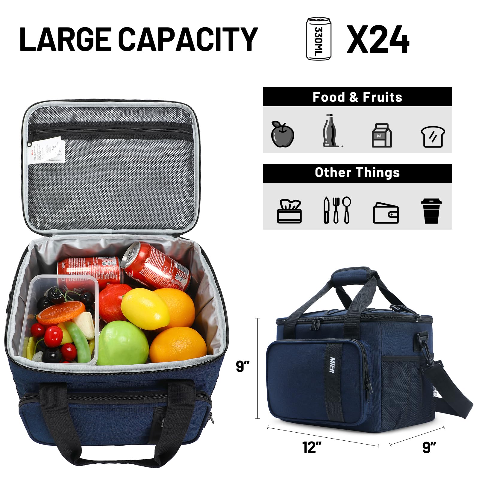MIER Bolsa térmica aislada para el almuerzo para hombres y mujeres, 24 latas grandes bolsas de almuerzo a prueba de fugas, refrigeradores para el trabajo, viajes, picnic, azul marino