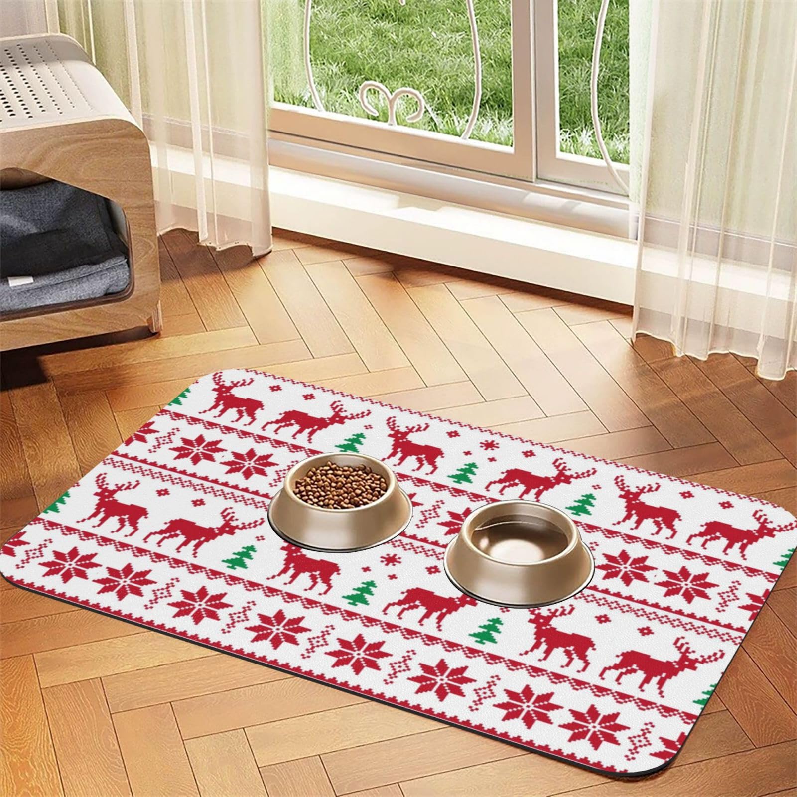 Christmas Deer Absorbent Dog Mats for Food and Water Waterproof Pet Bowl Liner Anti-Slip Dog Feeding Mats Quick Dry Pet Placemat to Protect Floors