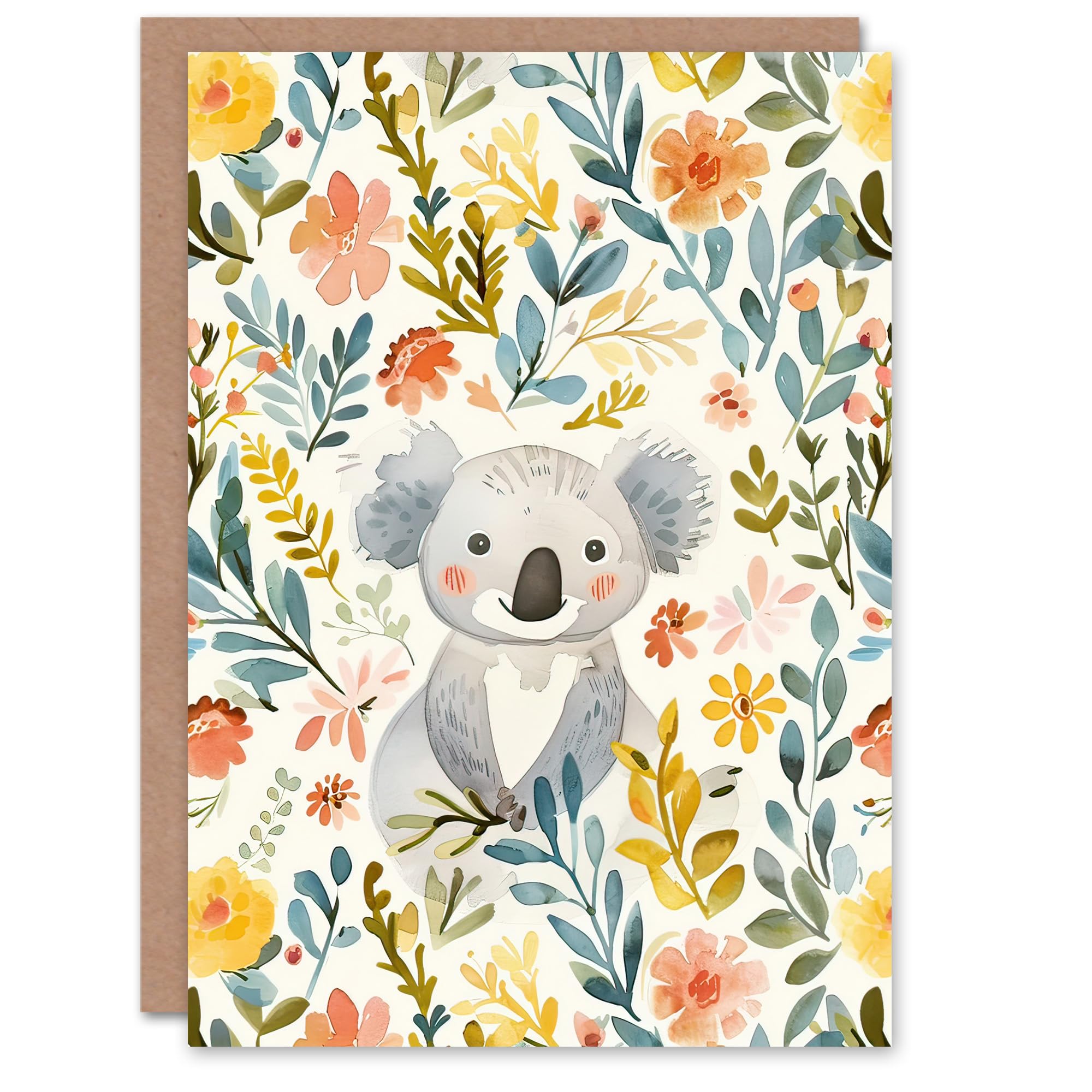 Artery8 Greeting Card Adorable Koala Bear in Floral Meadow Watercolour For Child Kids Birthday Card