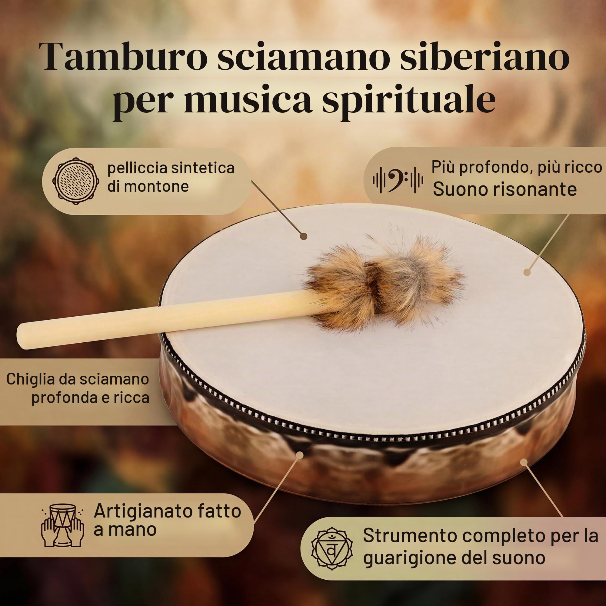 Tamburo Rituale, Bacchetta per Meditazione - Strumenti Musicali per Pratica Spirituale, Decorazione per Home Office e Accessori Decorativi Ideali per Rilassamento e Concentrazione
