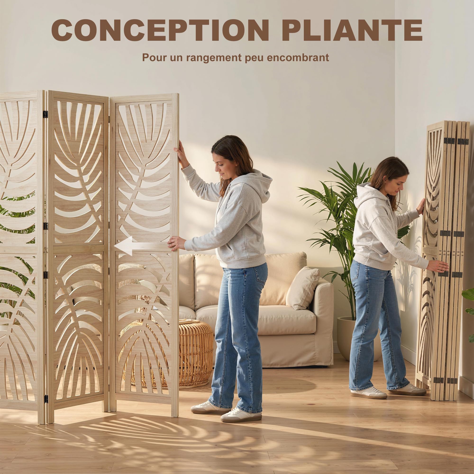 HOMCOM Separador 6 Paneles Plegable Desmontable Acabado Madera Natural | Pantallas de privacidad, tabique autoportante, diseño de hoja de palma, para oficina en casa, dormitorio