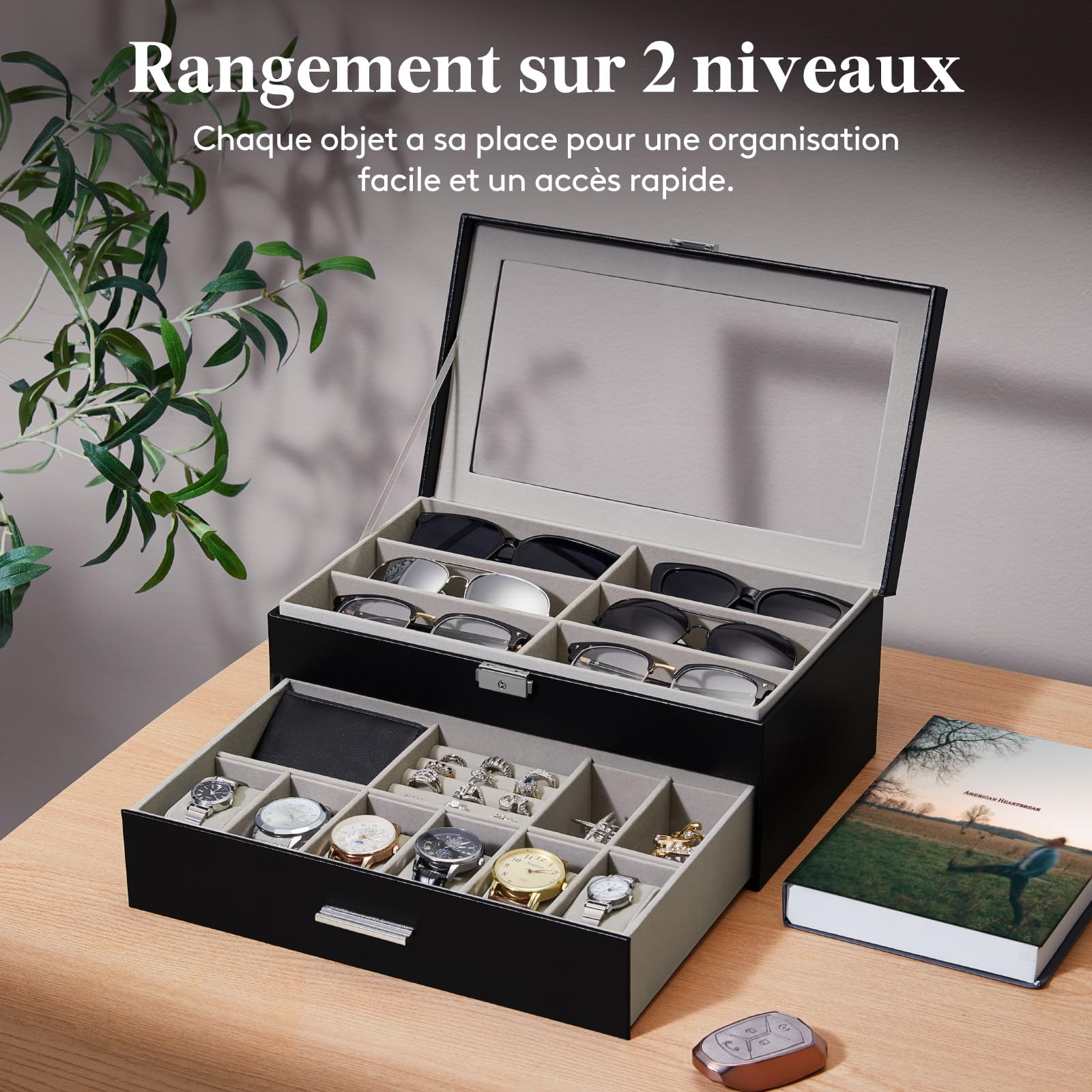 Lifewit Etui Lunettes Rigide Homme, Rangement Lunette de Soleil, Boite a Lunette avec Tiroir, 35 x 21cm, Noir