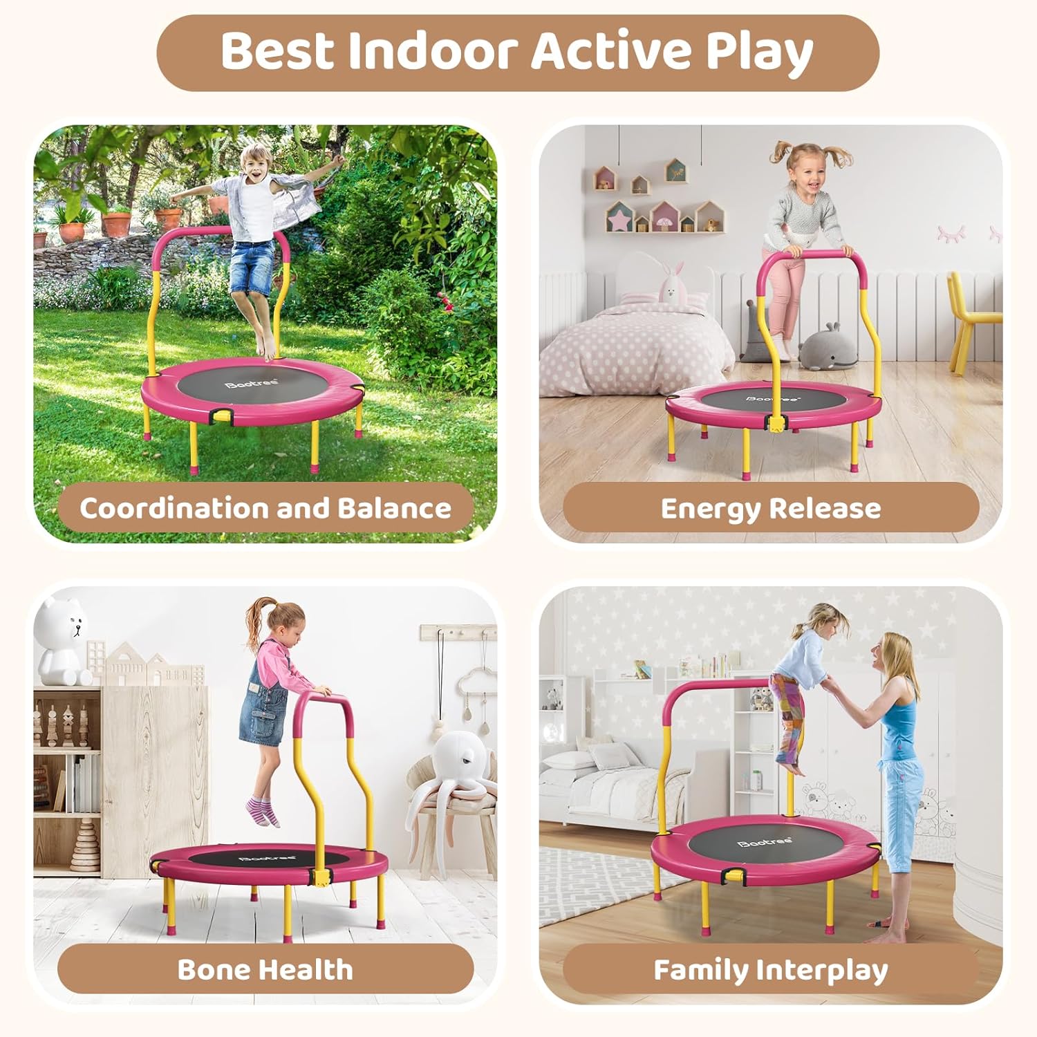 36 Inch Mini Trampoline for Kids, Indoor Outdoor Trampoline with Foam Handle, Max. Load 220 lb, Rebounder Trampoline for Toddlers, Birthday Gift for 1-6 Years Children, Boys Girls for Fun Pink image 4 of 6 B0F9YD3PJN