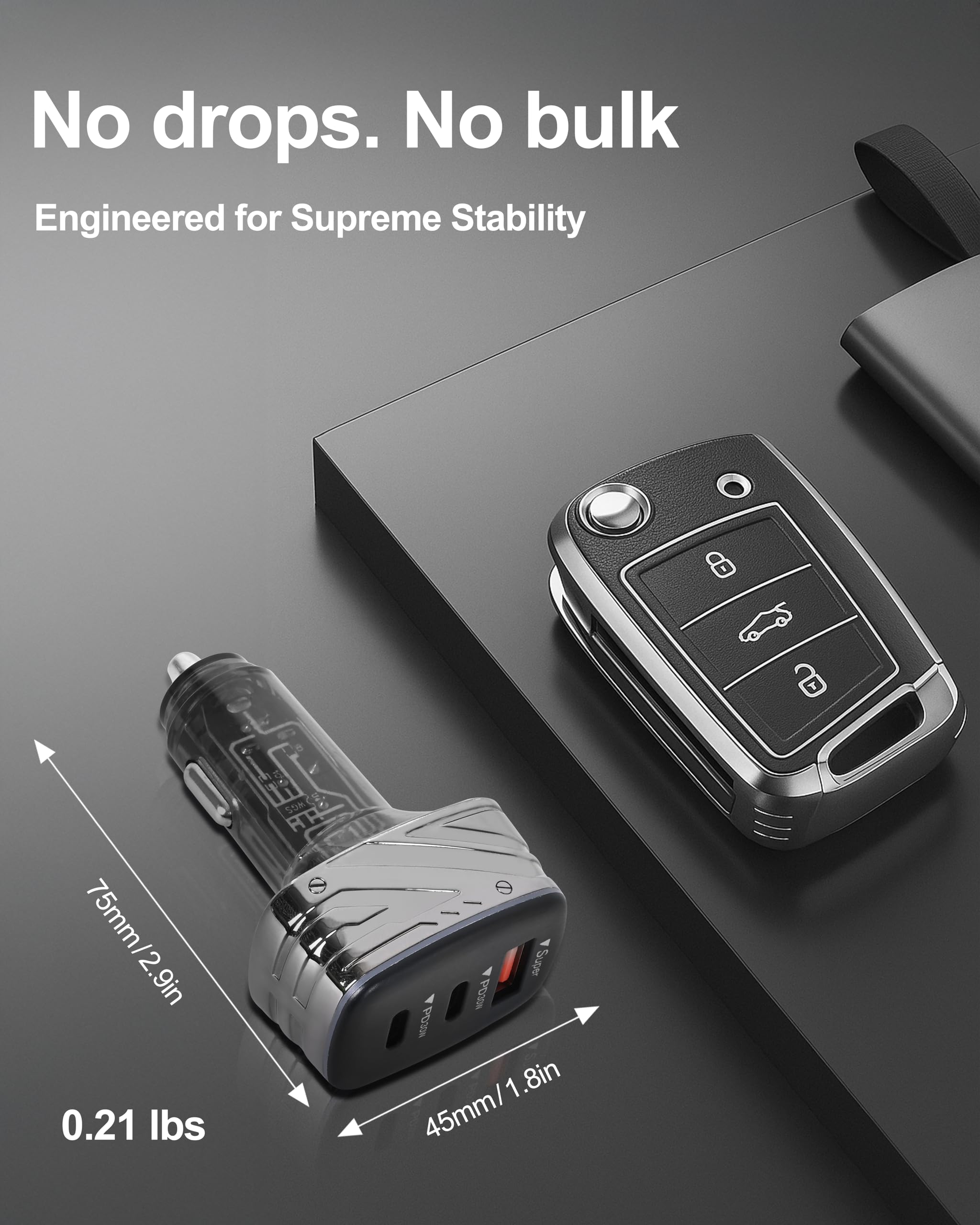 Adaptador de cargador de coche USB C de 82.5 W, 3 puertos (doble tipo C PD y USB-A), carga rápida compacta, luz ambiental azul, para iPhone 16e/16/15/14, Samsung Galaxy S25/24/23, Google Pixel