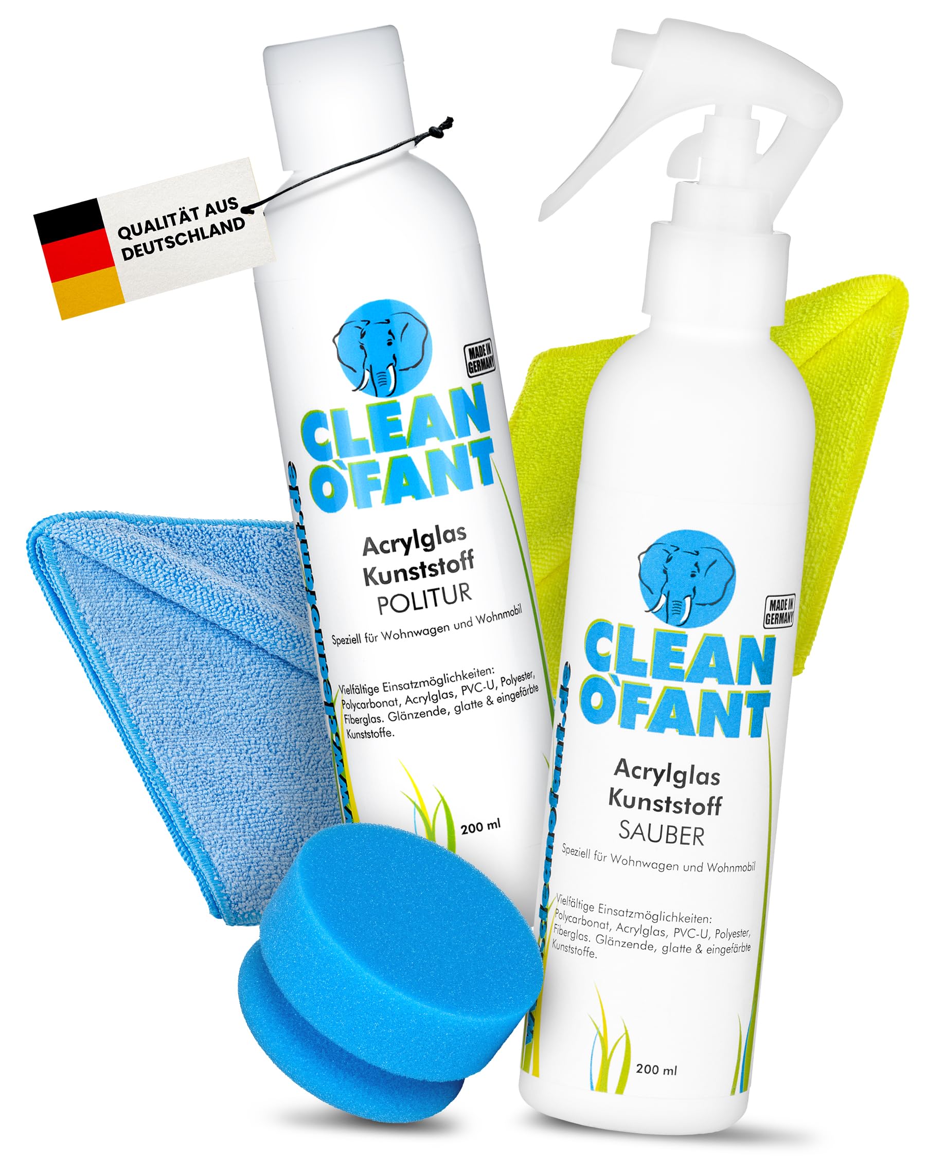 CLEANOFANT Acrylglas Kunststoff POLITUR & Reiniger Set - für Kunststoff-Fenster + Lichtkuppeln von Wohnwagen Wohnmobil Caravan Haushalt